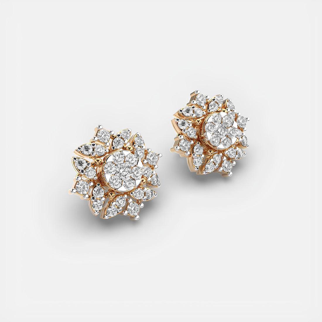 14K Solid Gold Floral Fantasy Cluster Stud Earrings EF VS/SI Round Lab-Grown Diamonds Elegant Minimalist Design Perfect Christmas Gift for Her