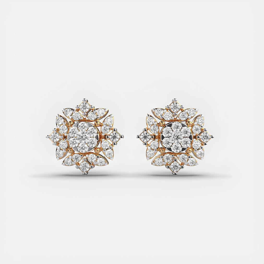 14K Solid Gold Floral Fantasy Cluster Stud Earrings EF VS/SI Round Lab-Grown Diamonds Elegant Minimalist Design Perfect Christmas Gift for Her
