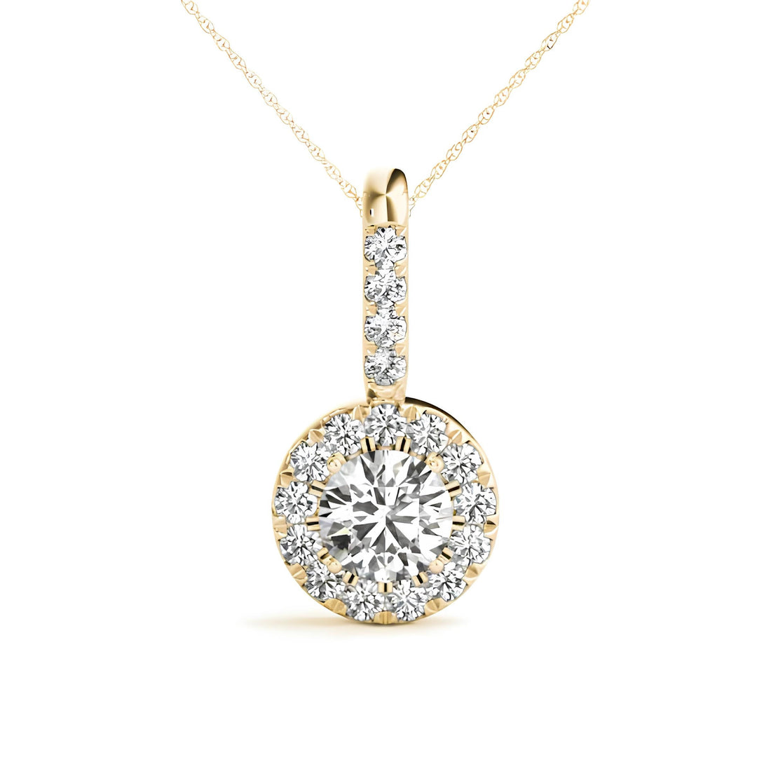 1.00 Carat EF VS/SI Lab Grown Round Diamond Halo Pendant Necklace IGI Certified Diamond in 14K Gold