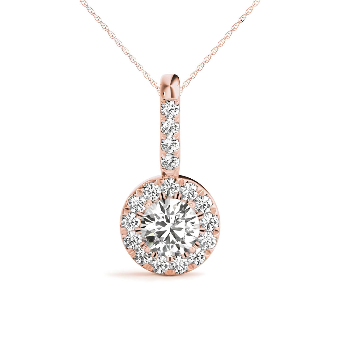 1.00 Carat EF VS/SI Lab Grown Round Diamond Halo Pendant Necklace IGI Certified Diamond in 14K Gold