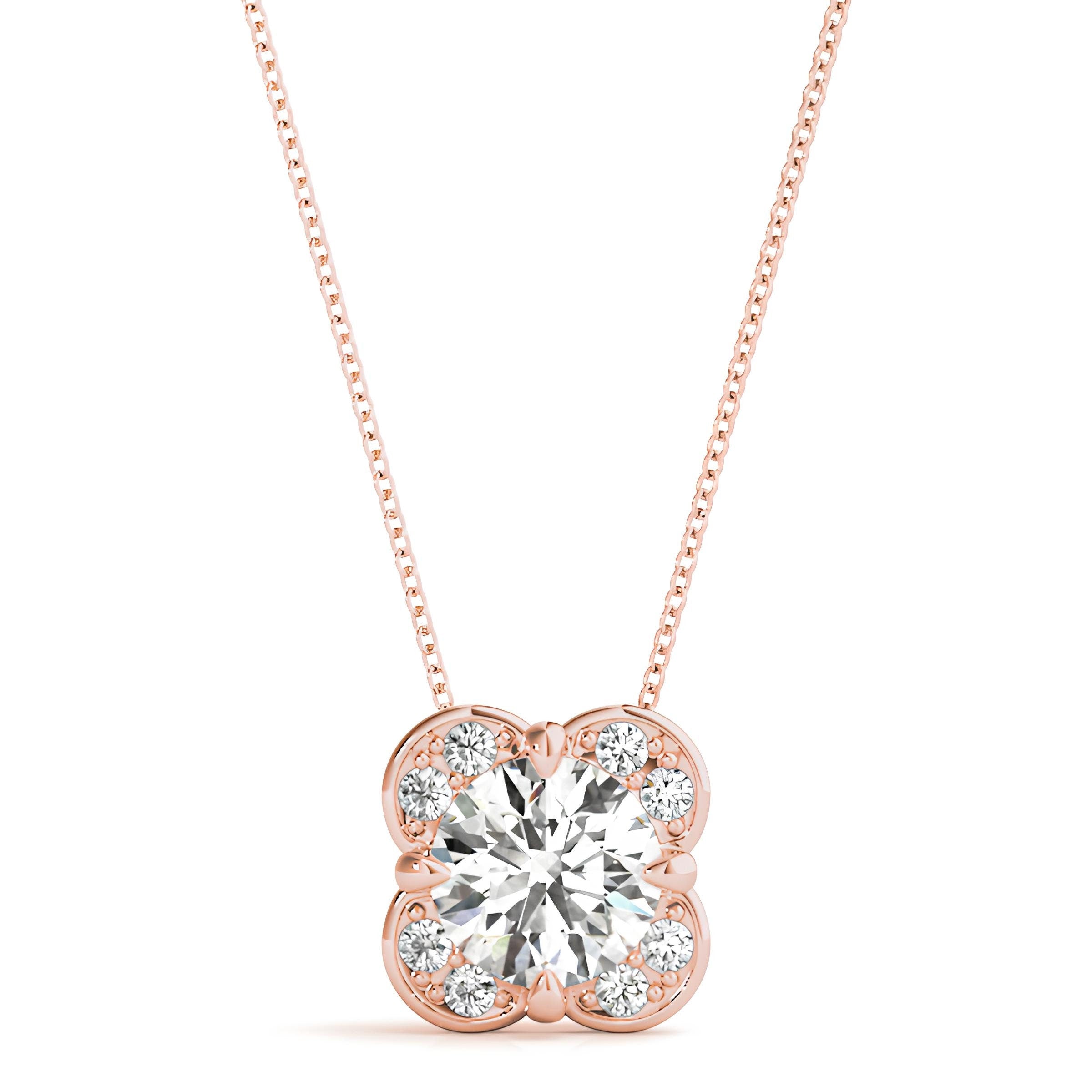 1.00 Carat EF VS/SI Lab Grown Round Diamond Floral Halo Pendant Necklace in 14K Gold IGI Certified Diamond on a Delicate Chain