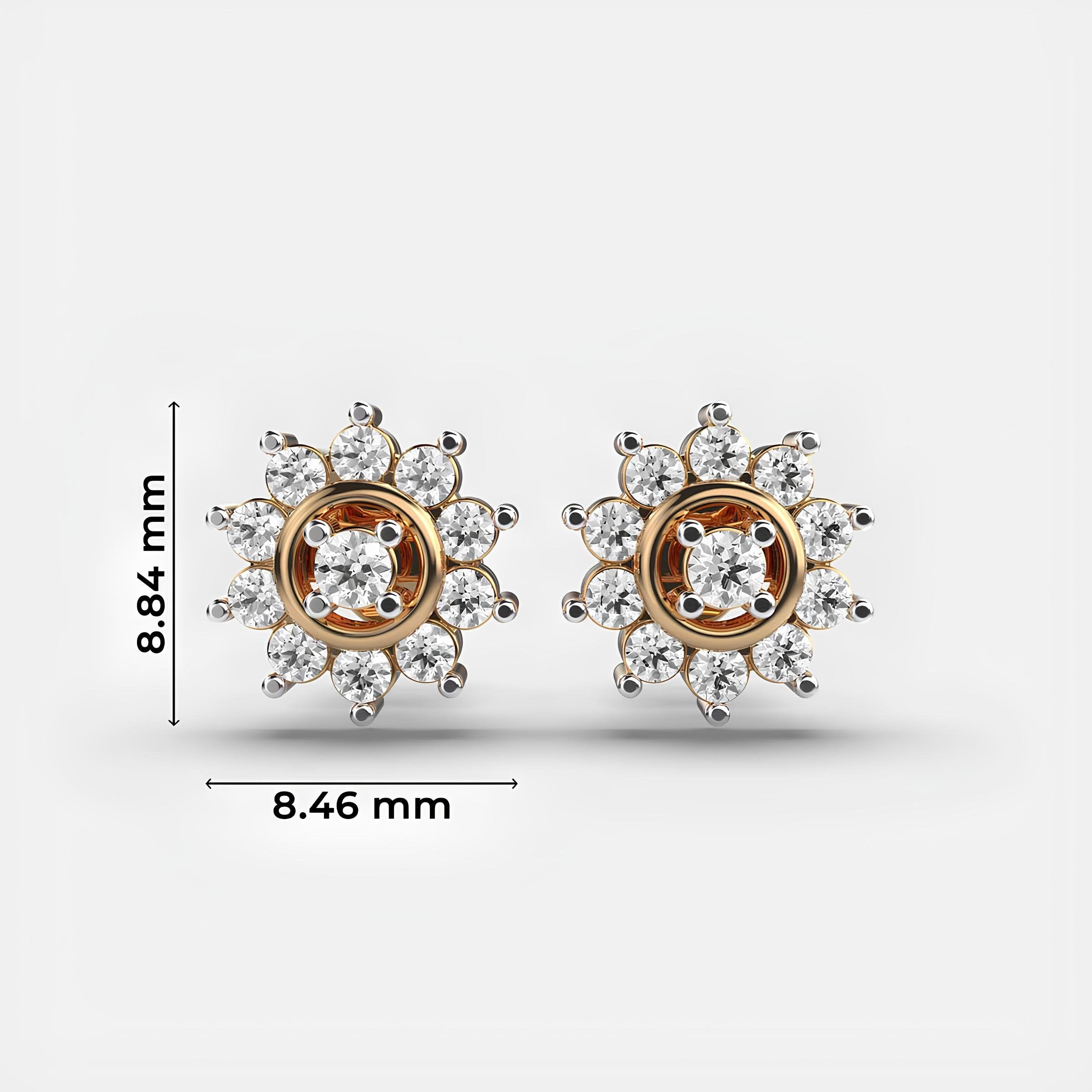 Round Diamond Star Cluster Flower Lab Grown Diamond Stud Earrings 14K Solid Gold