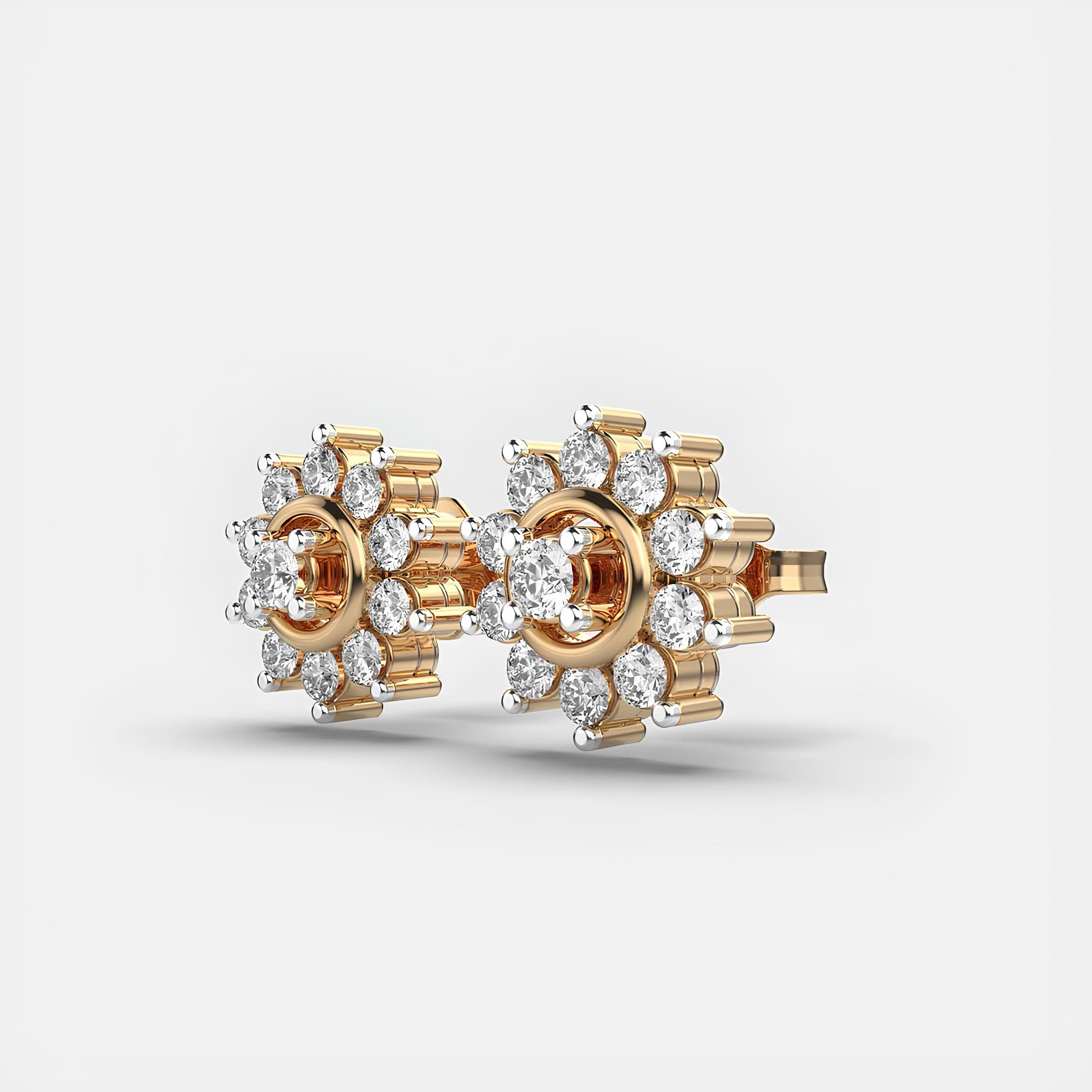 Round Diamond Star Cluster Flower Lab Grown Diamond Stud Earrings 14K Solid Gold