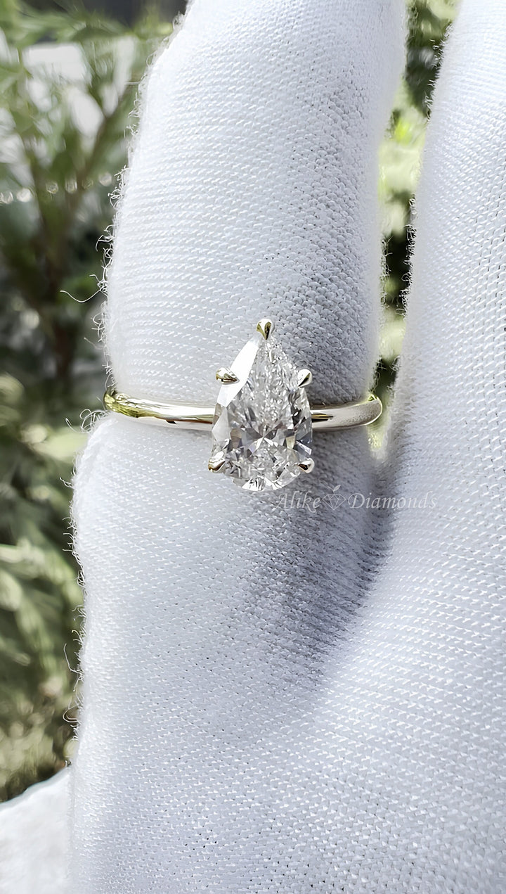 Solitaire Engagement Ring, 1.22 Ct Pear Cut Lab Grown Diamond Ring, Certified GH/SI Diamond 14K Yellow Gold Wedding Ring, Size 7