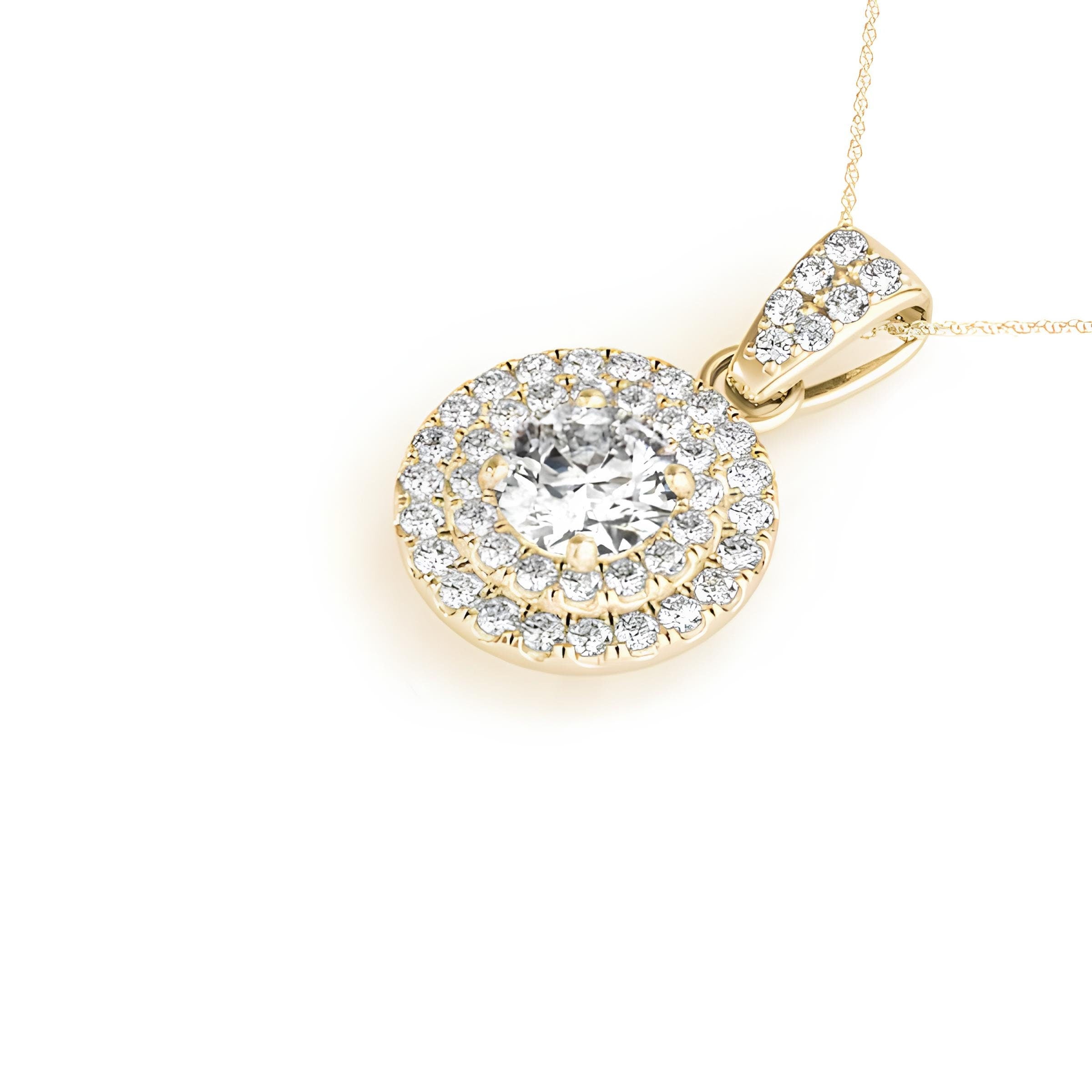0.83 CT EF VS/SI Lab Grown Round Diamond Double Halo Pendant Necklace IGI Certified Diamond 14K Gold Chain