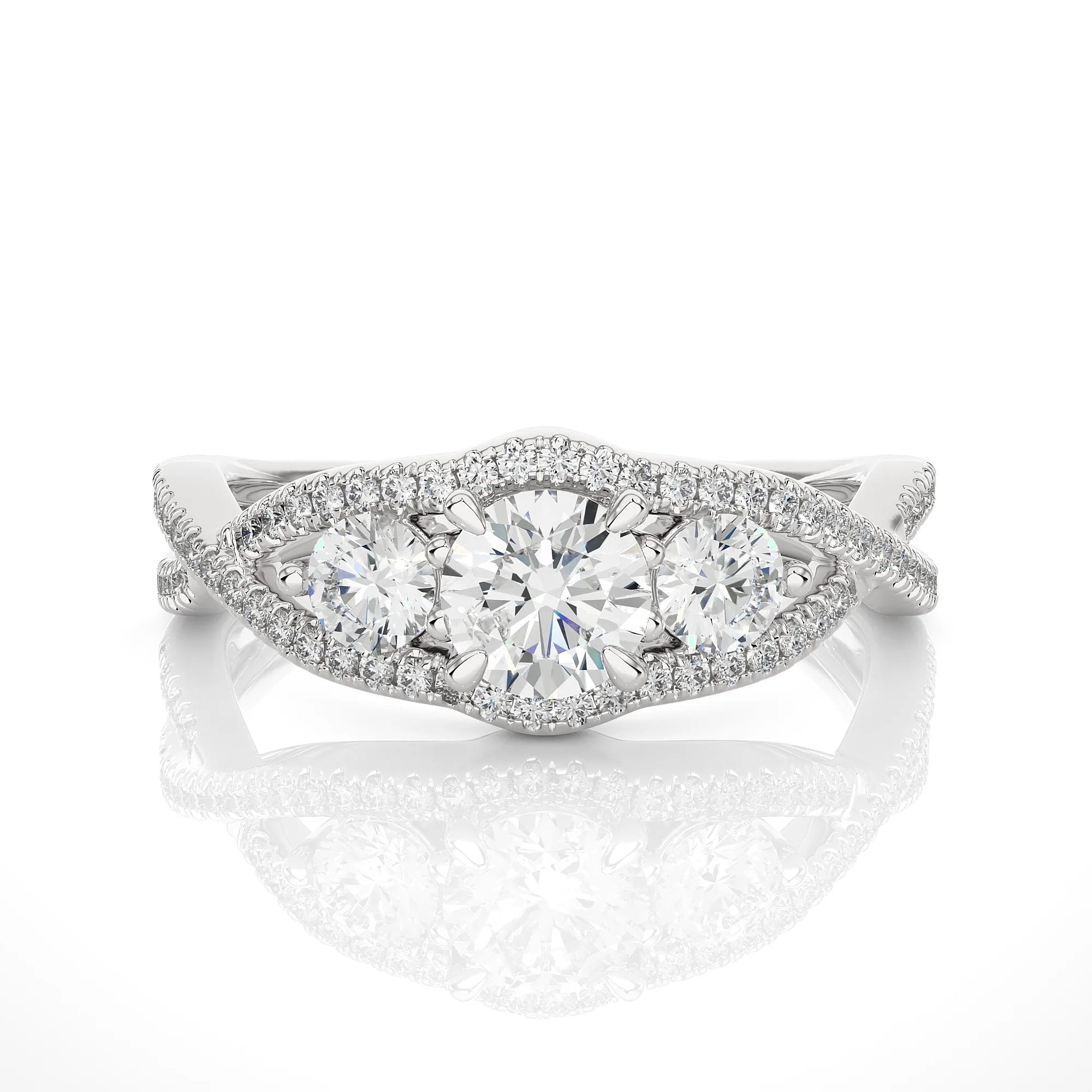 Round Three Stone Wedding Ring – IGI Certified EF VS/SI Lab Grown Diamond Twisted Engagement Ring in 14K Real Gold – Perfect Anniversary Gift