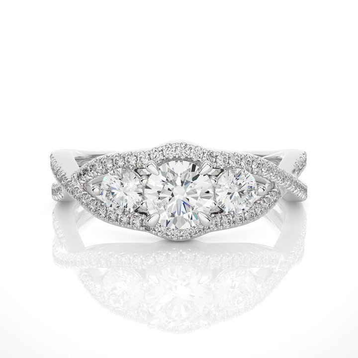 Round Three Stone Wedding Ring – IGI Certified EF VS/SI Lab Grown Diamond Twisted Engagement Ring in 14K Real Gold – Perfect Anniversary Gift