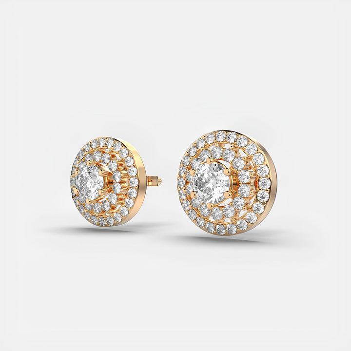 14K Solid Gold Round EF VS/SI Lab Grown Diamond Double Halo Stud Earrings