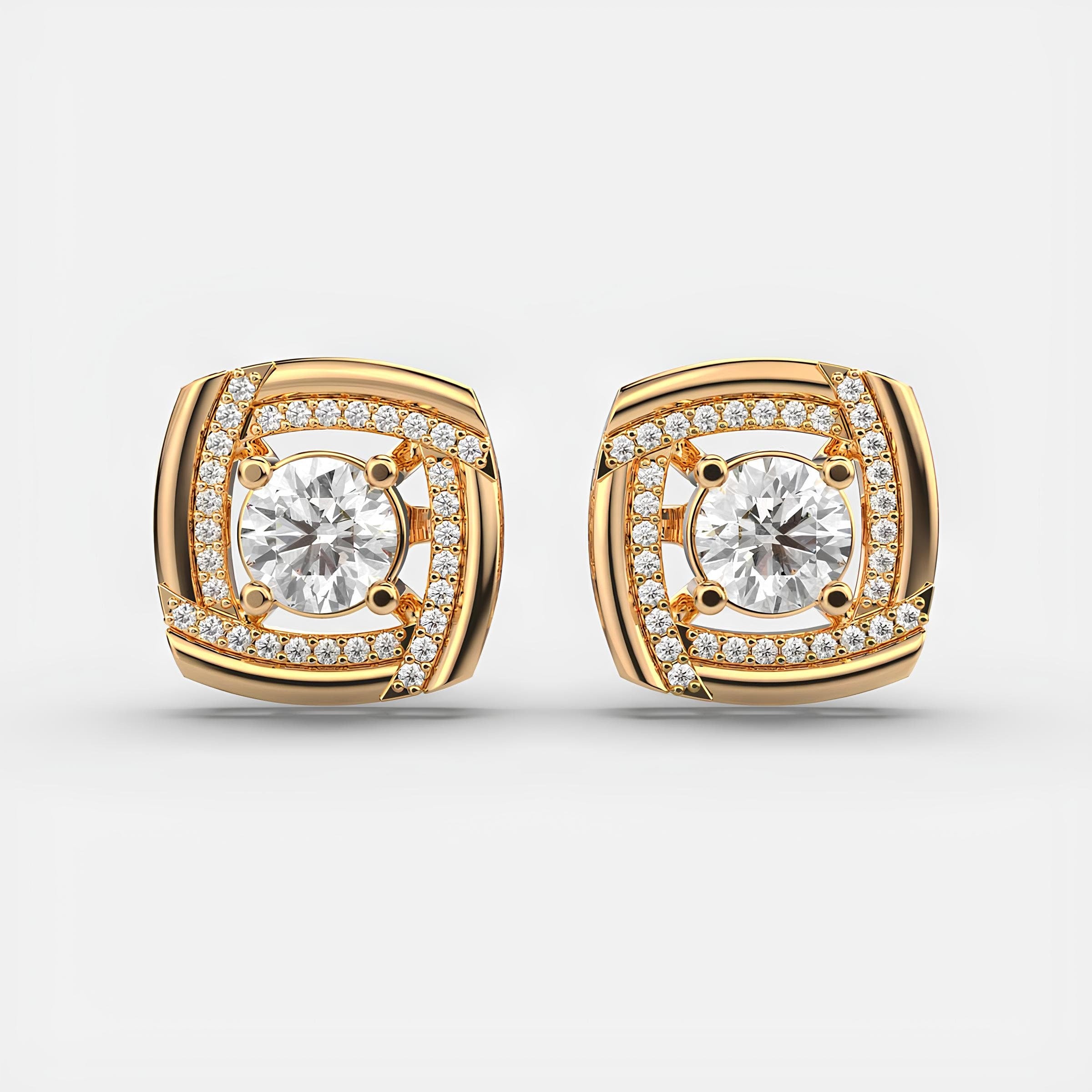 14K Solid Gold Square Stud Earrings with EF VS/SI Lab-Grown Round Diamond Solitaires Elegant Minimalist Design, Perfect Christmas Gift for Her