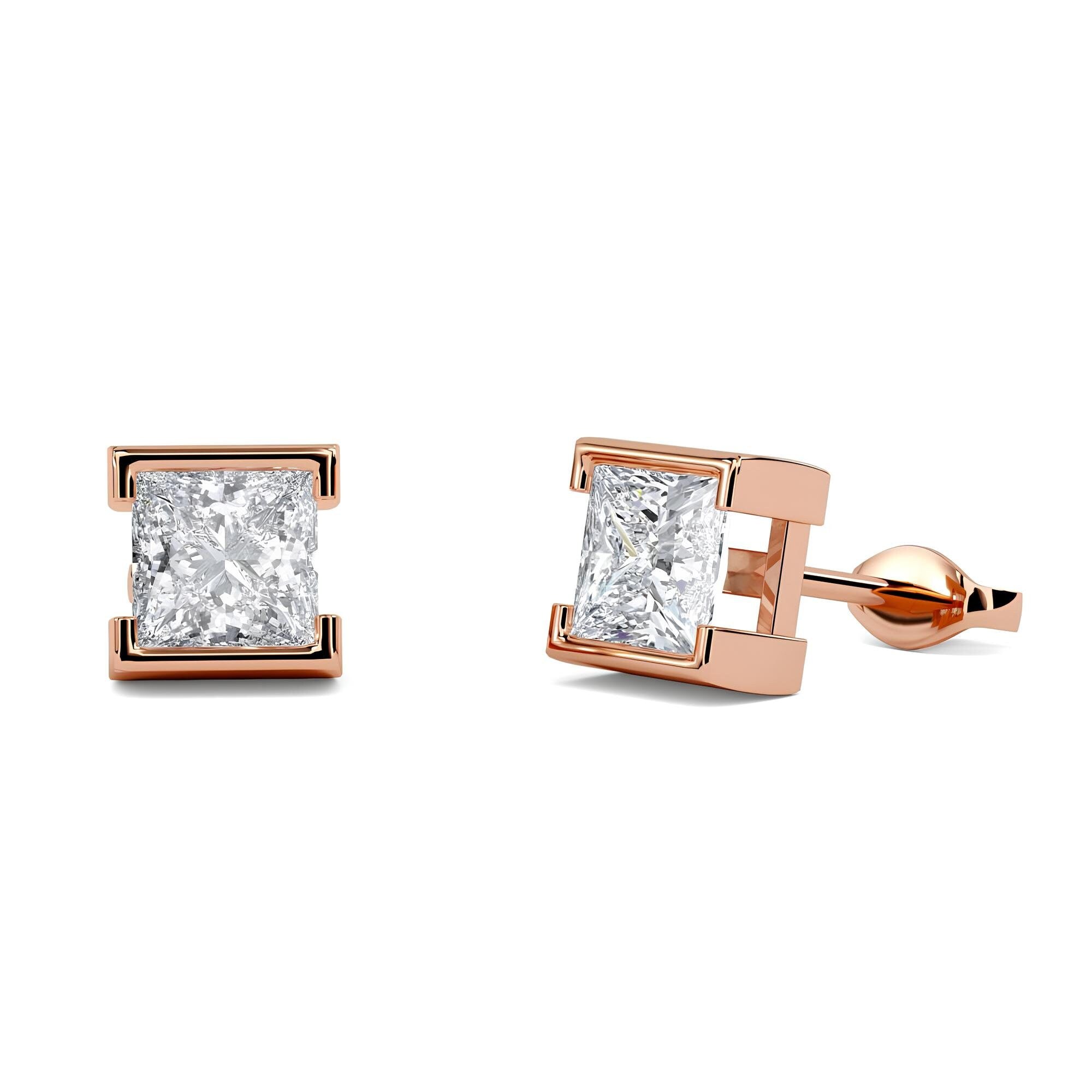Princess Cut Lab-Grown Diamond Stud Earrings EF VS/SI Quality 14K Gold Push Back Earrings