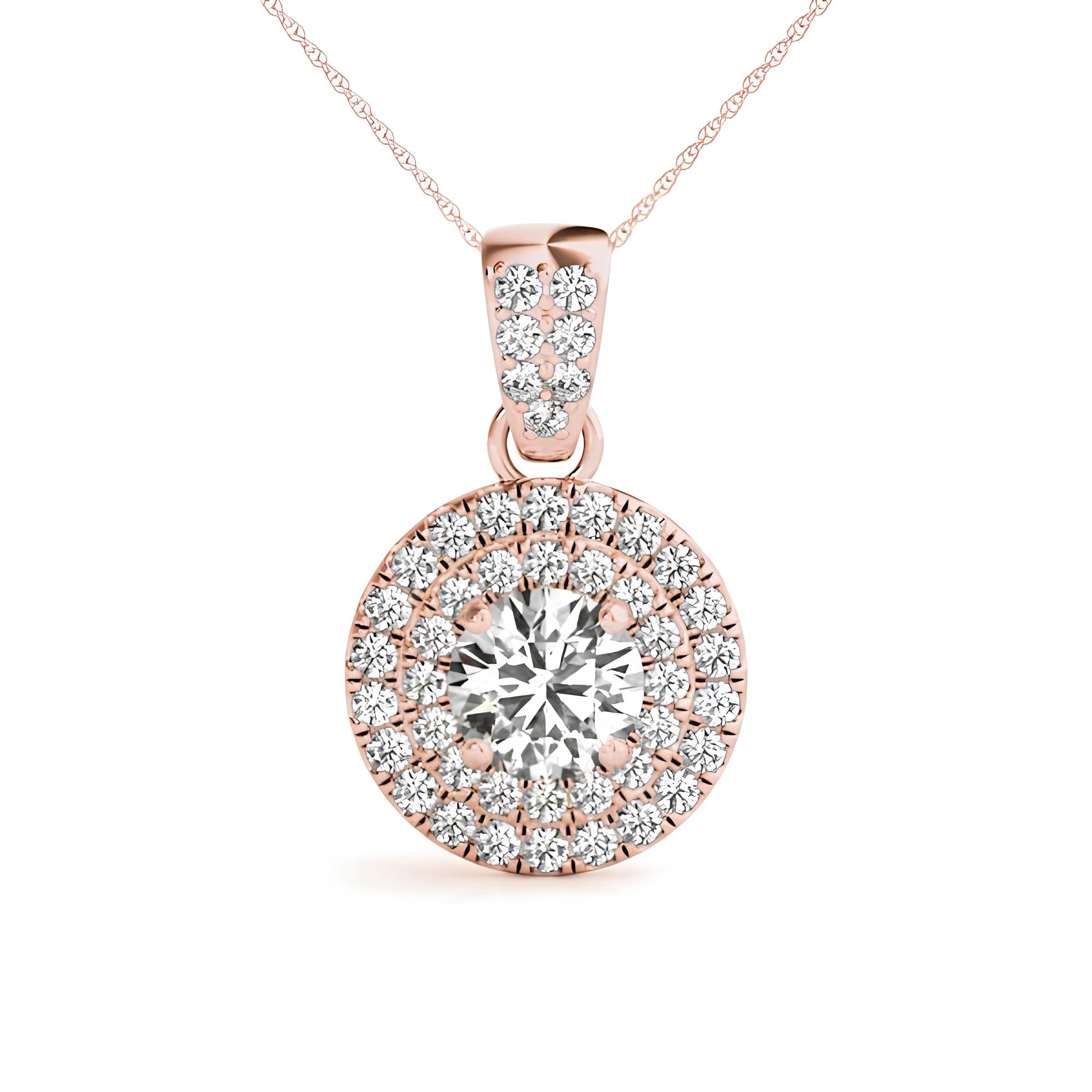 0.83 CT EF VS/SI Lab Grown Round Diamond Double Halo Pendant Necklace IGI Certified Diamond 14K Gold Chain
