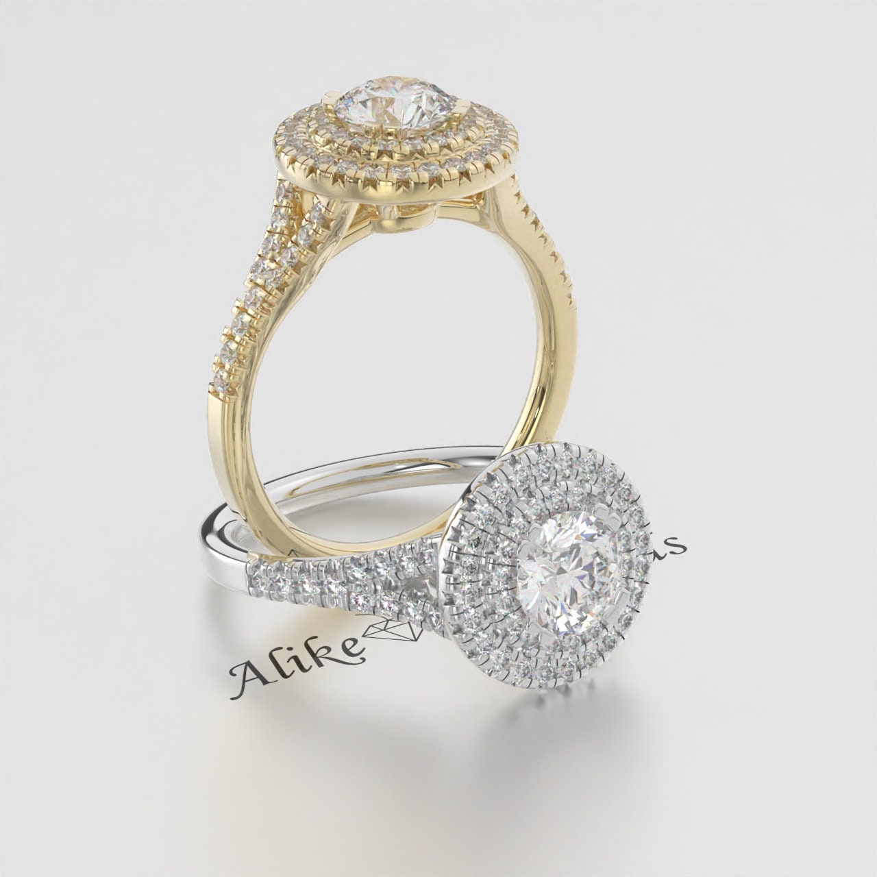 Certified Lab-Grown Diamond Double Halo Engagement Ring – EF VS/SI Diamond in 14K Solid Gold | Elegant and Sparkling Wedding Ring