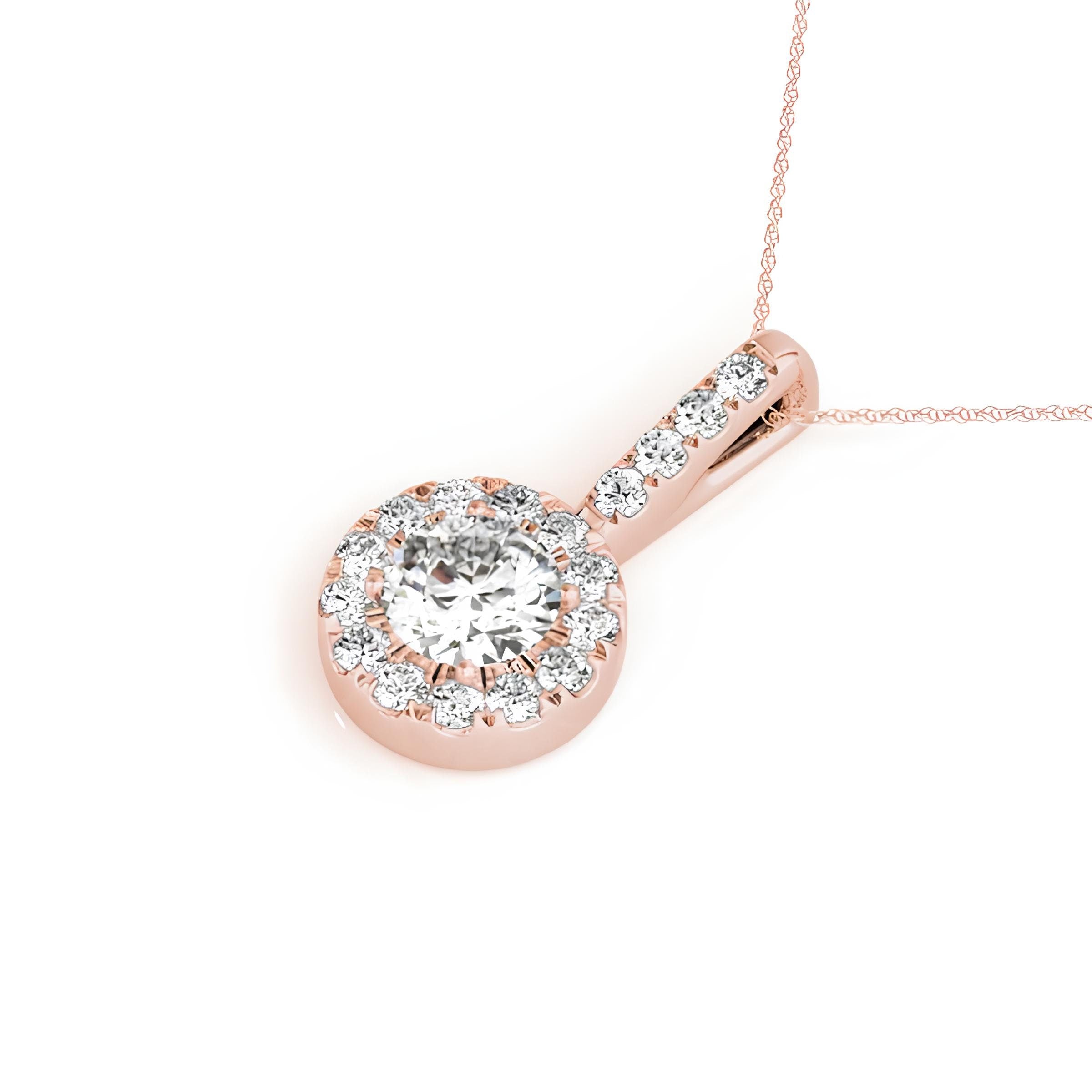 1.00 Carat EF VS/SI Lab Grown Round Diamond Halo Pendant Necklace IGI Certified Diamond in 14K Gold