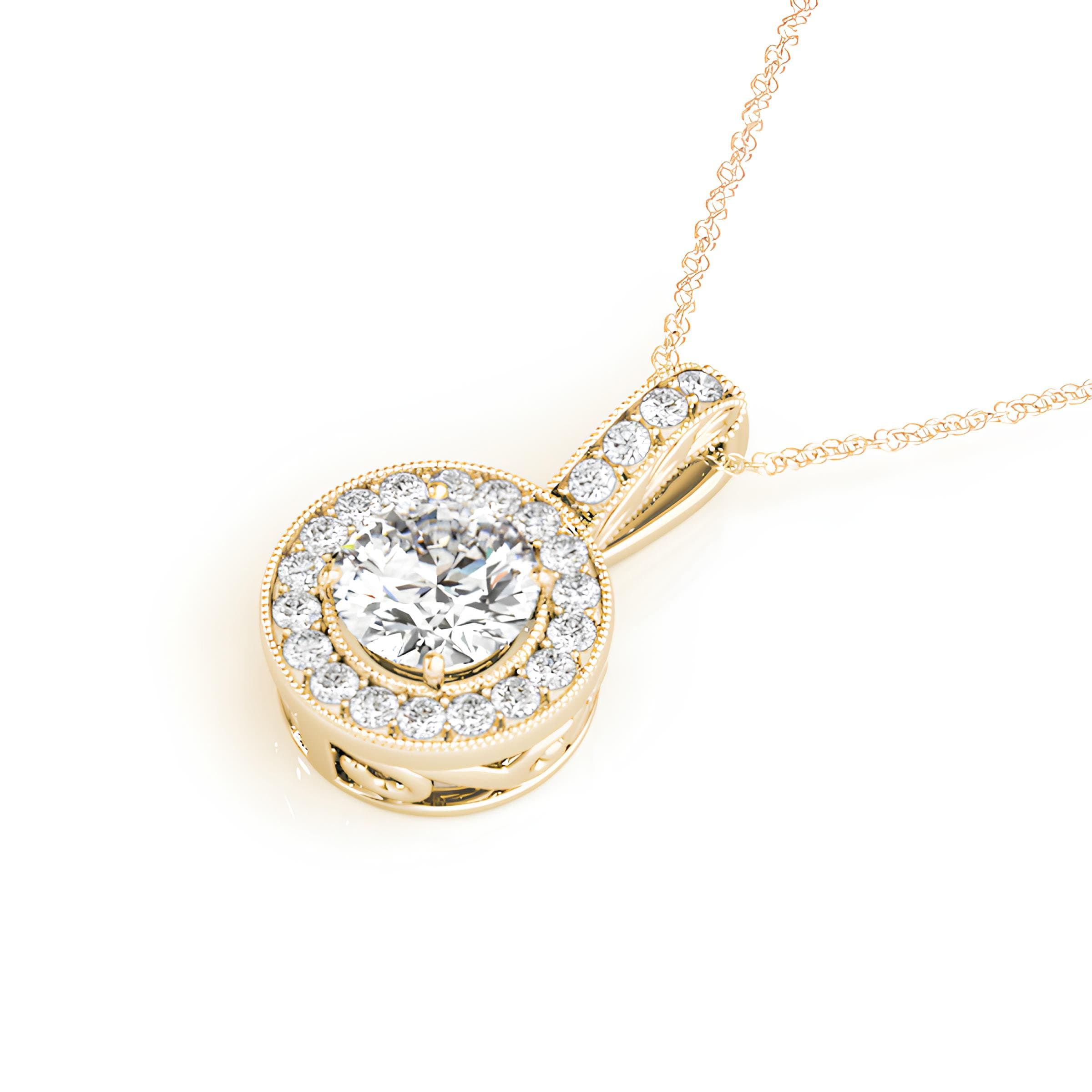 Halo Pendant Necklace with 1.00 Carat EF VS/SI Lab Grown Round Diamond IGI Certified Diamond 14K Gold Chain