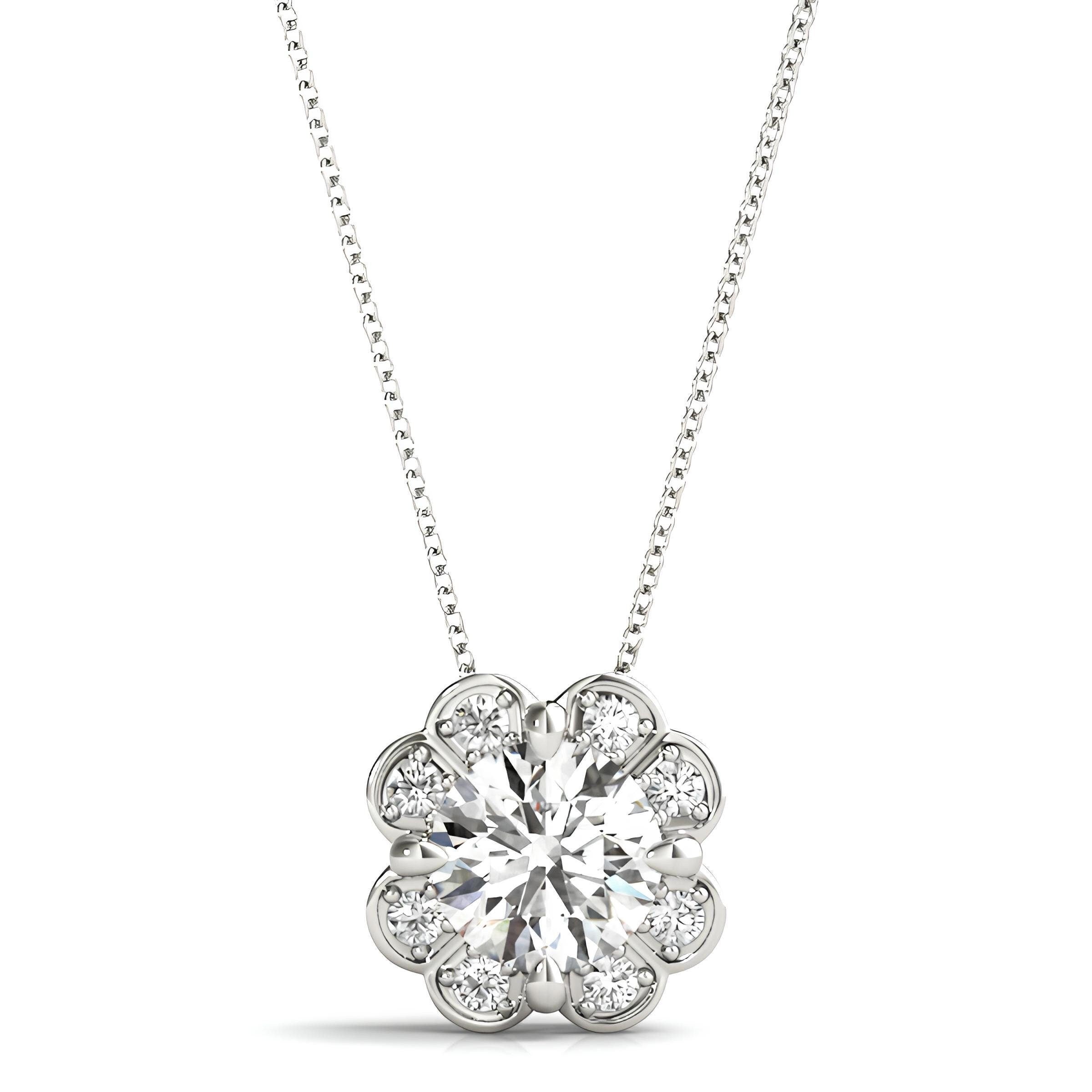 1.00 Carat EF VS/SI Lab Grown Round Diamond Floral Halo Pendant Necklace IGI Certified Diamond in 14K Gold
