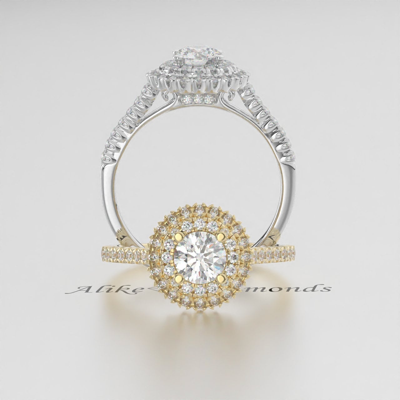 Lab-Grown Round Diamond Double Halo Engagement Ring – Certified EF VS/SI Diamond in 14K Gold