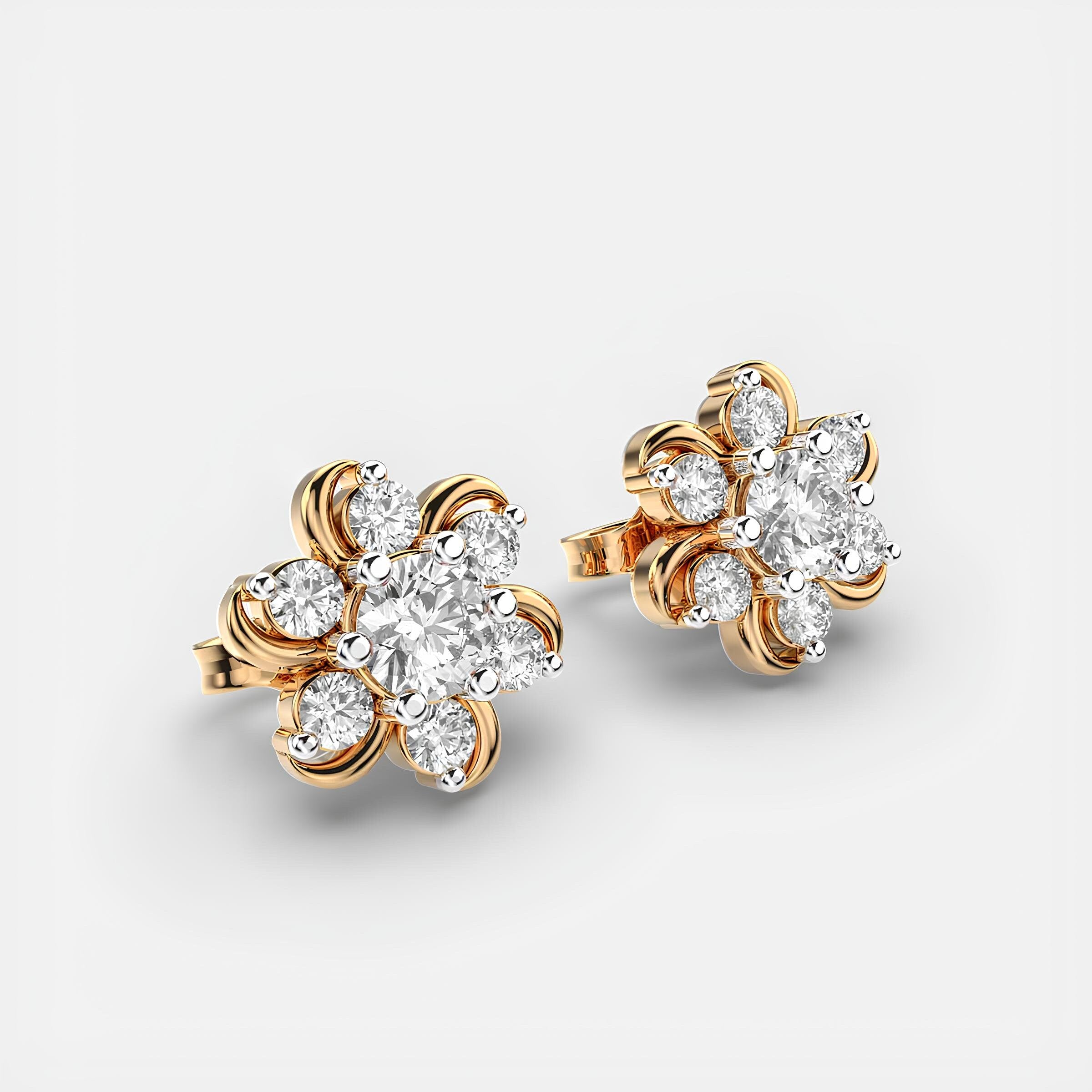 14K Solid Gold Periwinkle Flora Cluster Stud Earrings EF VS/SI Lab-Grown Round Diamonds Minimalist Diamond Earrings, Perfect Christmas Gift