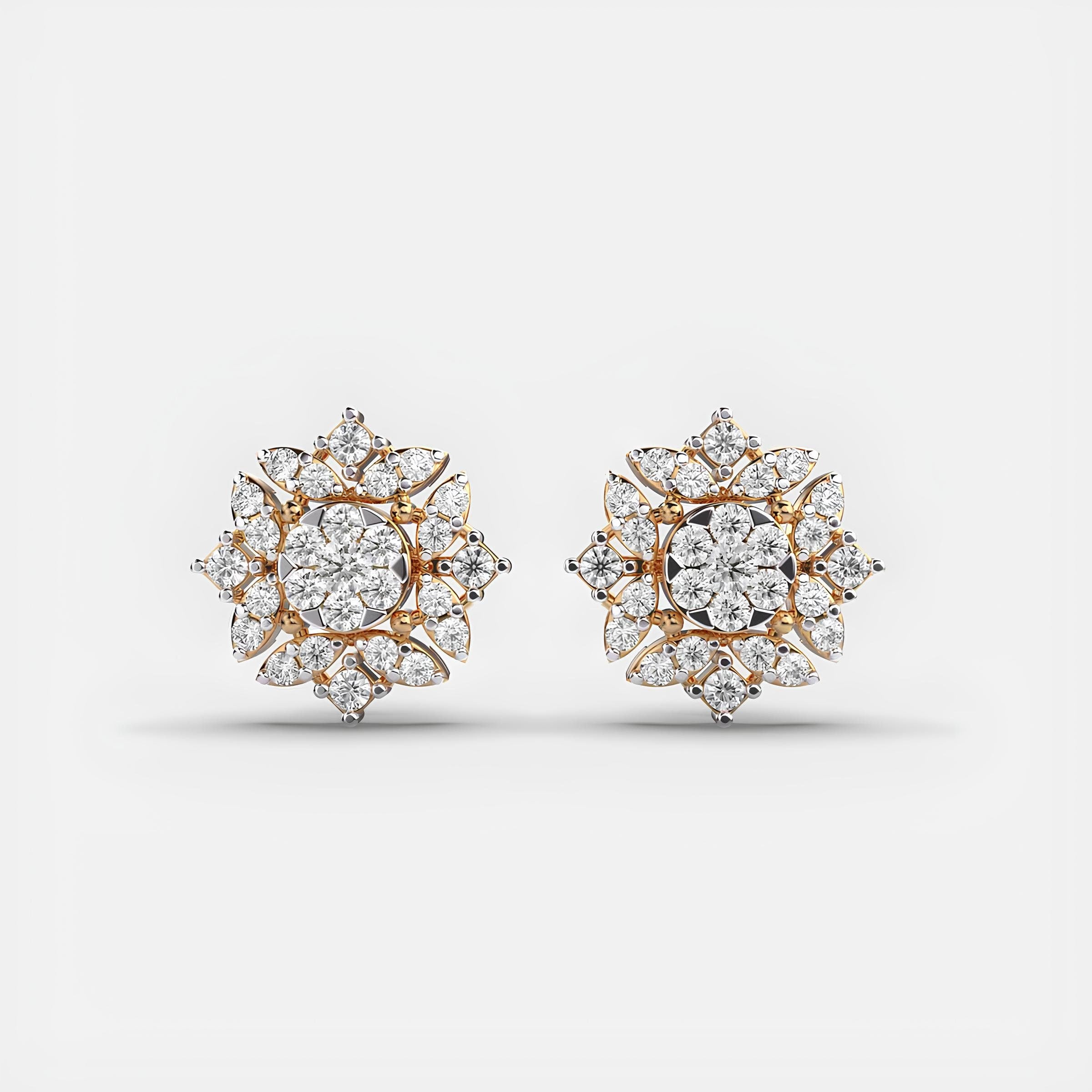 14K Solid Gold Floral Fantasy Cluster Stud Earrings EF VS/SI Round Lab-Grown Diamonds Minimalist Diamond Earrings