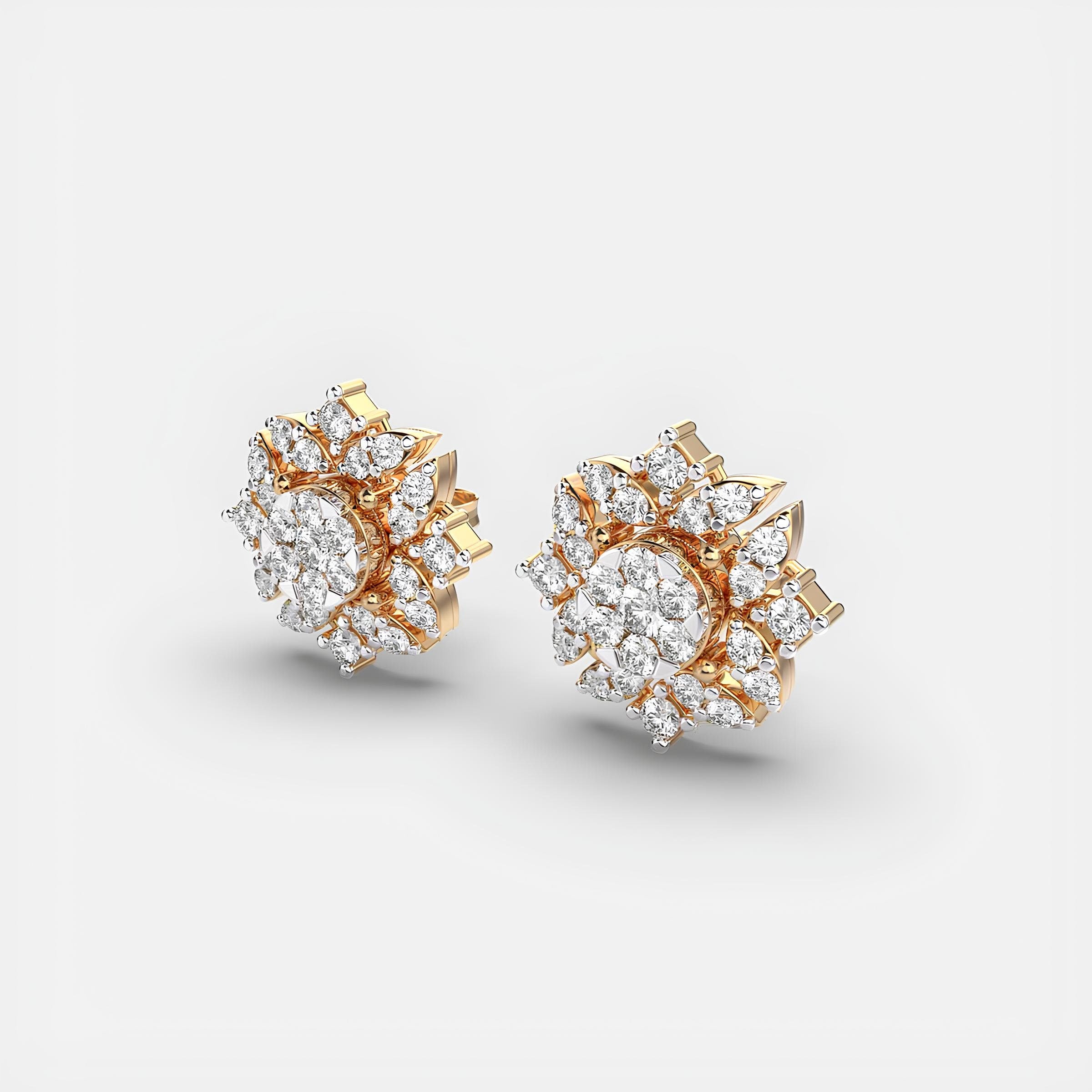 14K Solid Gold Floral Fantasy Cluster Stud Earrings EF VS/SI Round Lab-Grown Diamonds Minimalist Diamond Earrings