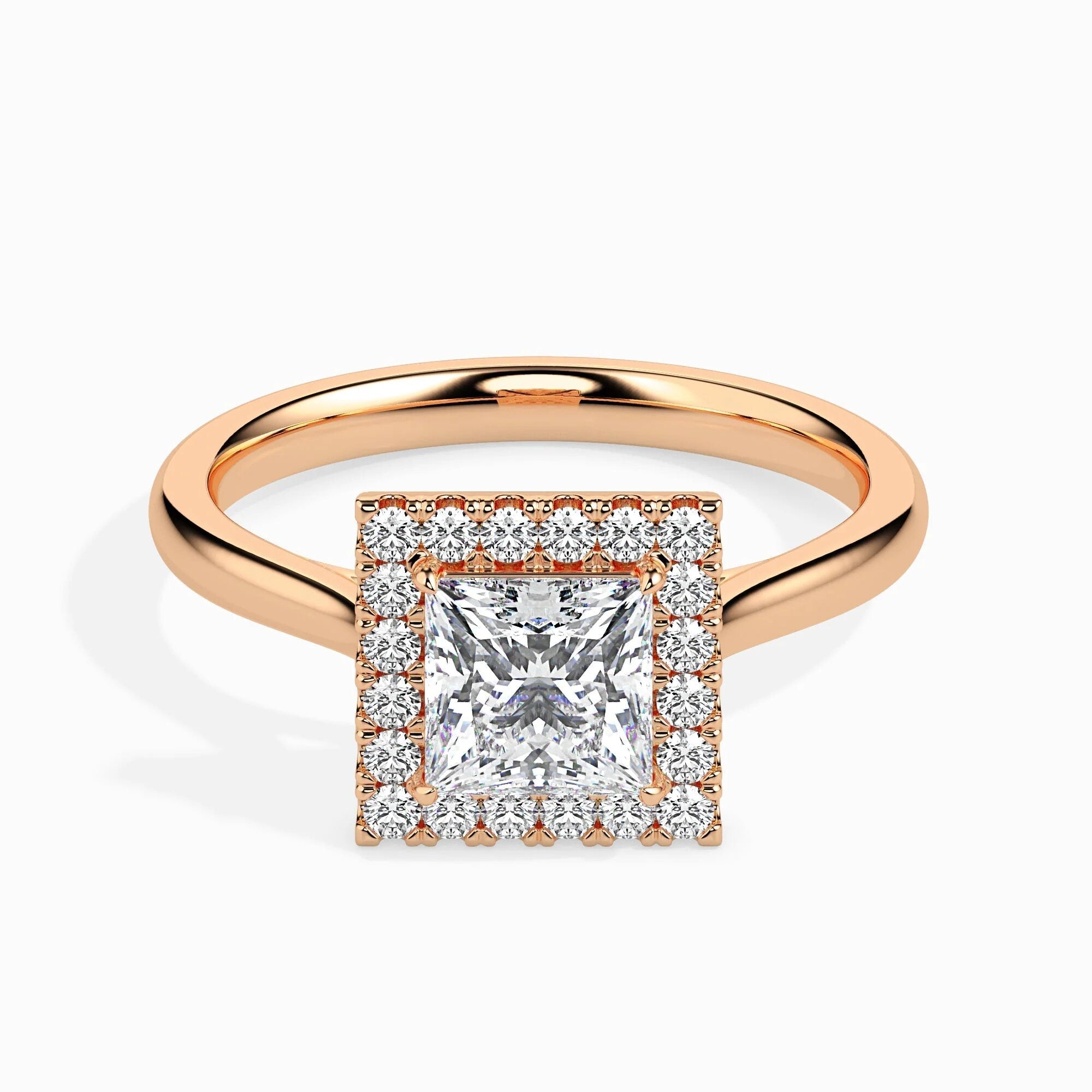 1.00 Ct Certified Lab-Grown Princess-Cut Diamond Halo Engagement Ring – Set in 14K Solid Gold with Conflict-Free Diamonds
