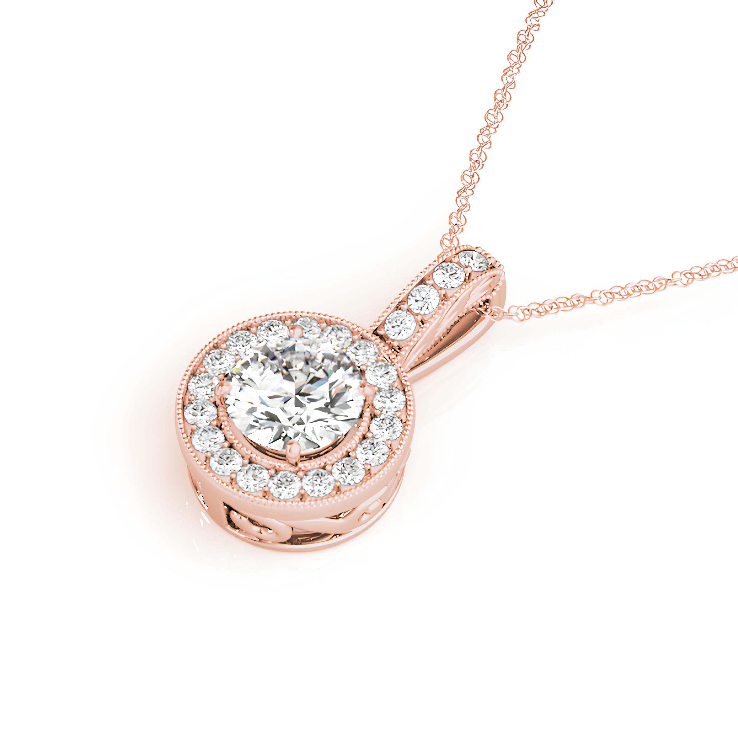 Halo Pendant Necklace with 1.00 Carat EF VS/SI Lab Grown Round Diamond IGI Certified Diamond 14K Gold Chain