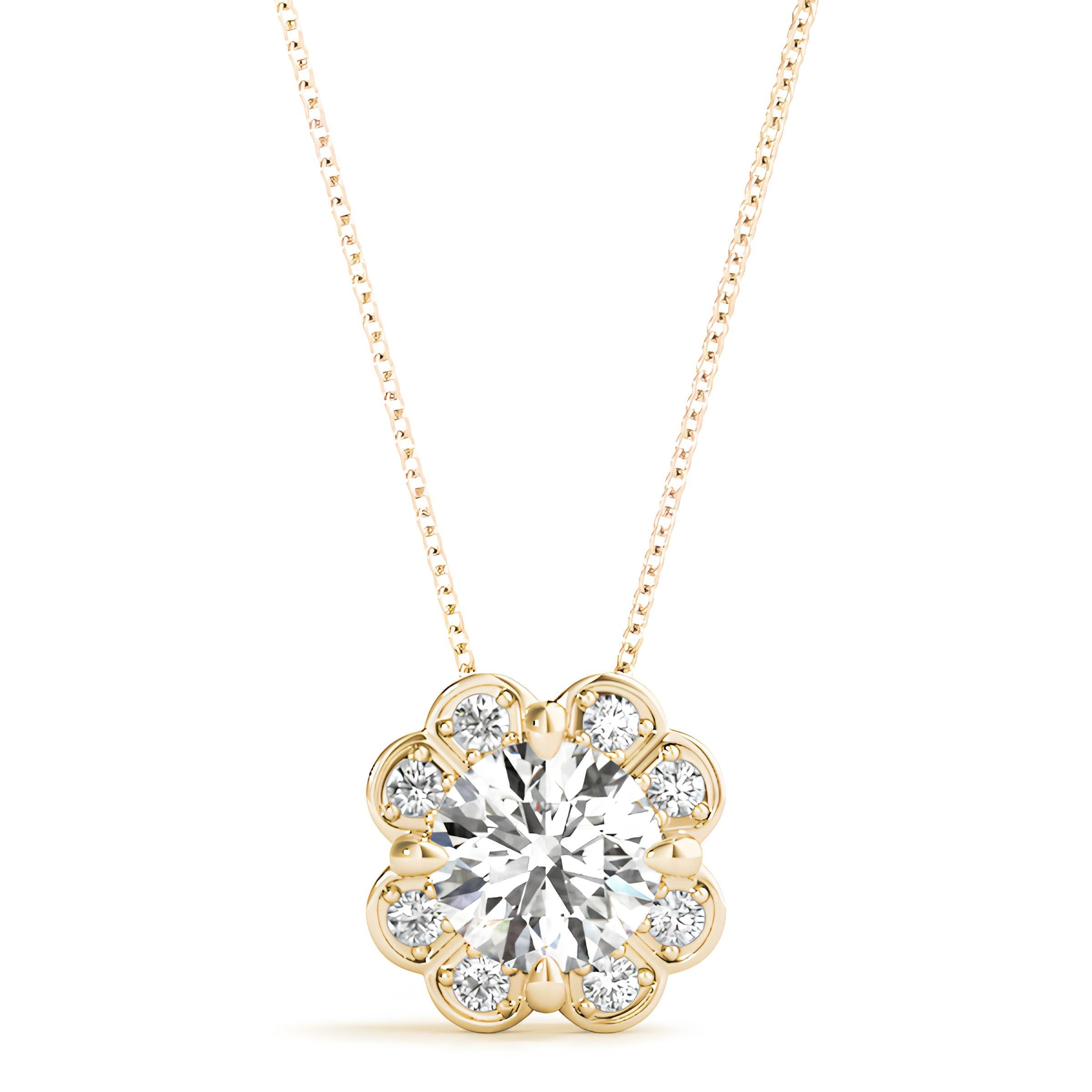 1.00 Carat EF VS/SI Lab Grown Round Diamond Floral Halo Pendant Necklace IGI Certified Diamond in 14K Gold