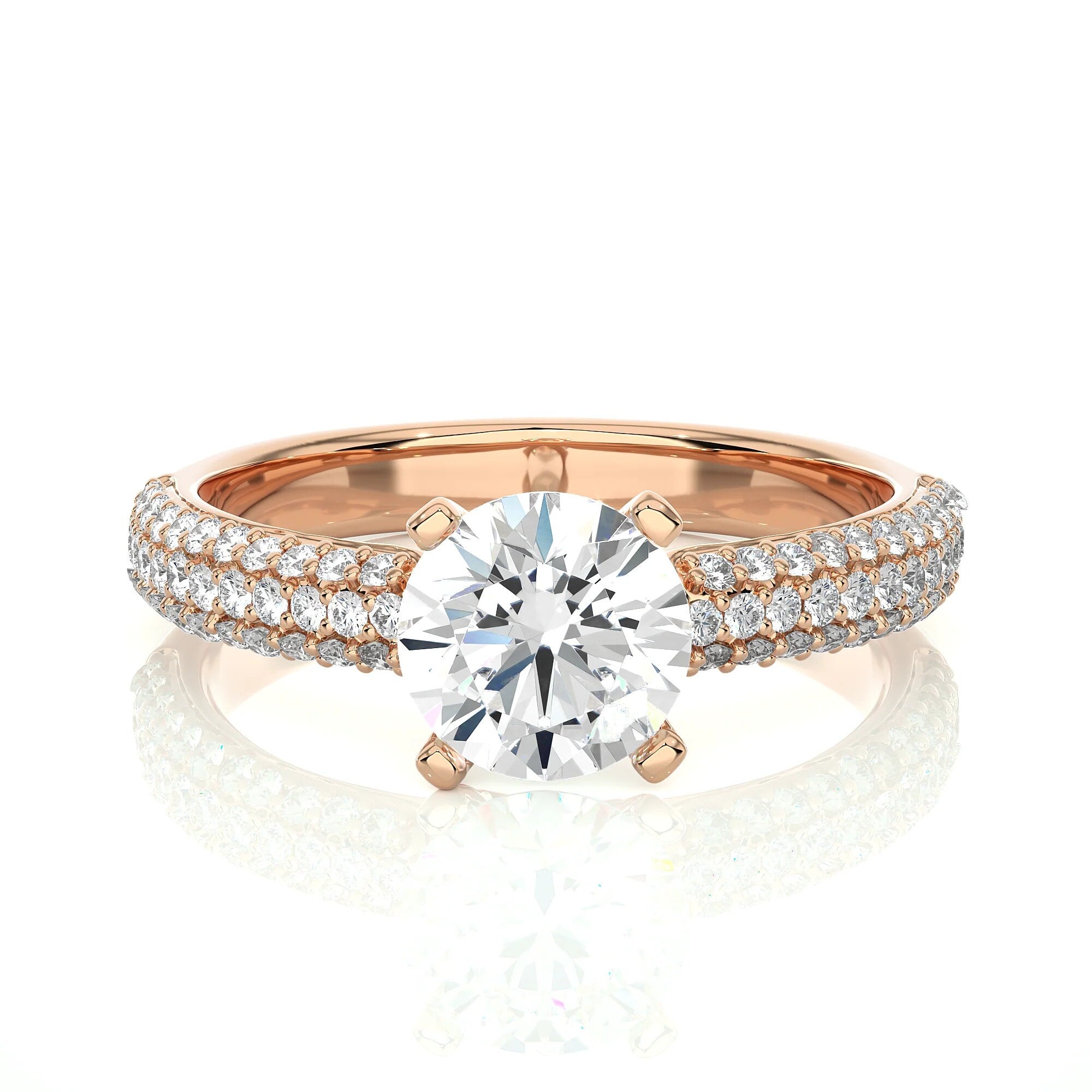 Exclusive Certified EF VS/SI Lab-Grown Diamond Three-Row Wedding Band IGI Certified Solitaire Engagement Ring in Luxe 14K Gold