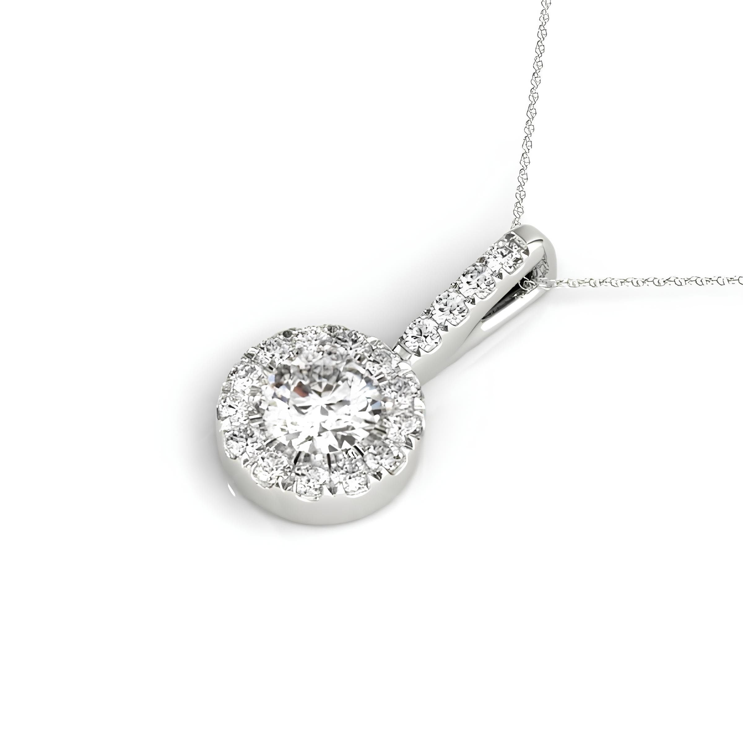 1.00 Carat EF VS/SI Lab Grown Round Diamond Halo Pendant Necklace IGI Certified Diamond in 14K Gold
