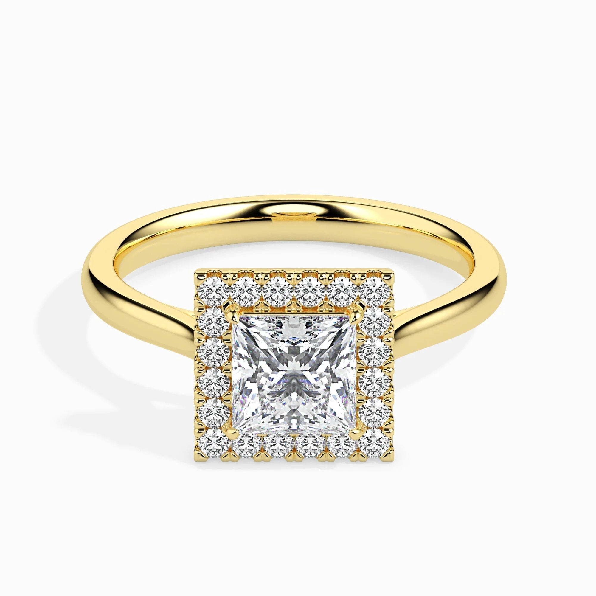 1.00 Ct Certified Lab-Grown Princess-Cut Diamond Halo Engagement Ring – Set in 14K Solid Gold with Conflict-Free Diamonds