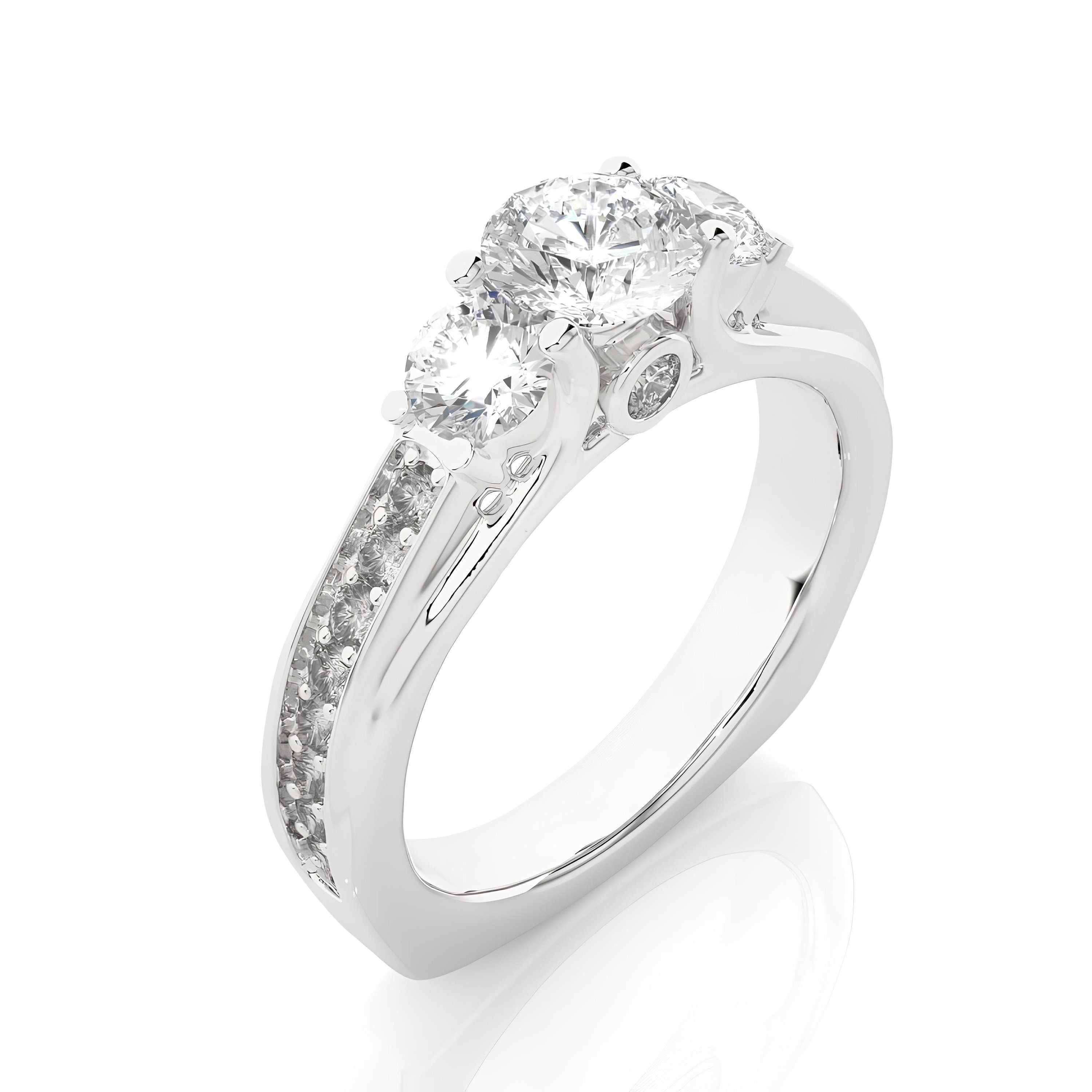 Three-Stone Round Diamond Wedding Ring / IGI Certified EF VS/SI Lab-Grown Diamonds with Pave Setting / 14K Real Gold Engagement & Anniversary Ring Gift