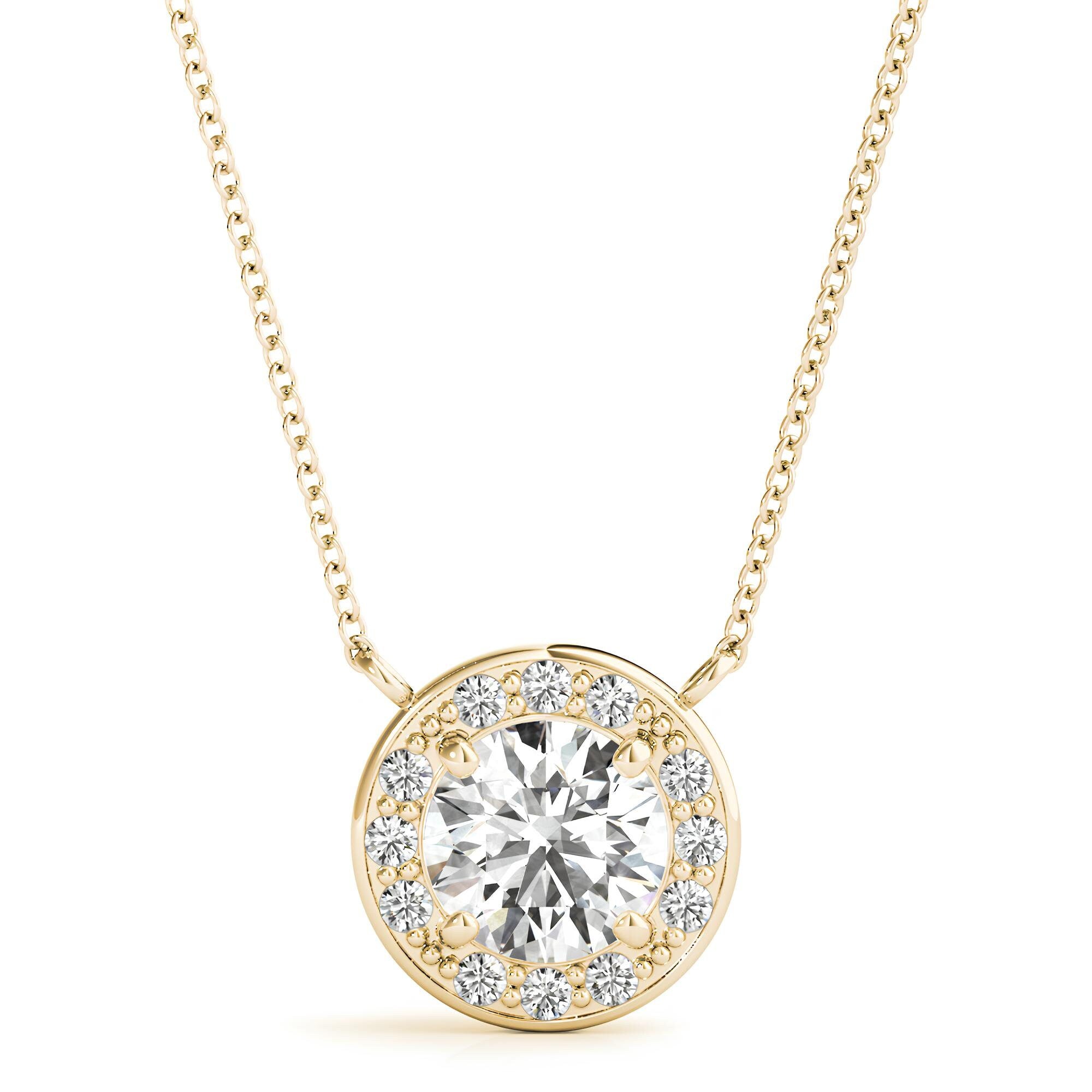 1.00 Carat Lab Grown Round Diamond Halo Pendant Necklace in 14K Gold IGI Certified Diamond on an Elegant Chain