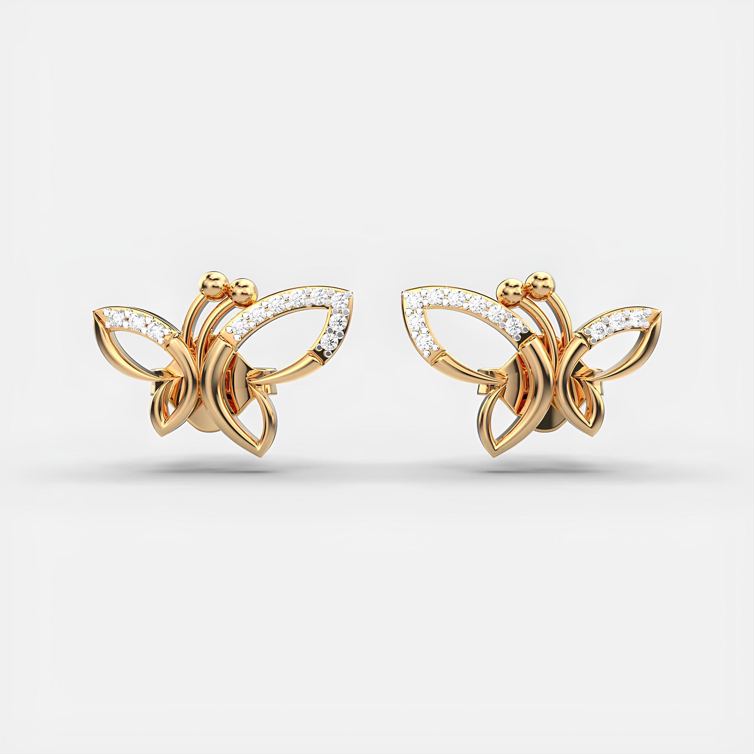 14K Solid Gold Stud Earrings EF VS/SI Lab-Grown Diamond Dancing Butterflies Design Minimalist Diamond Earrings, Perfect Christmas Gift