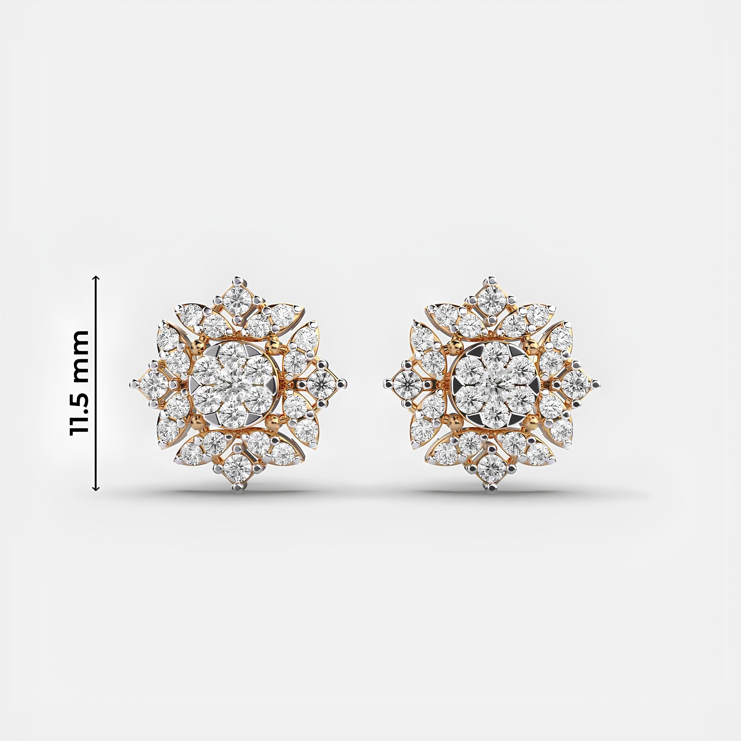 14K Solid Gold Floral Fantasy Cluster Stud Earrings EF VS/SI Round Lab-Grown Diamonds Minimalist Diamond Earrings