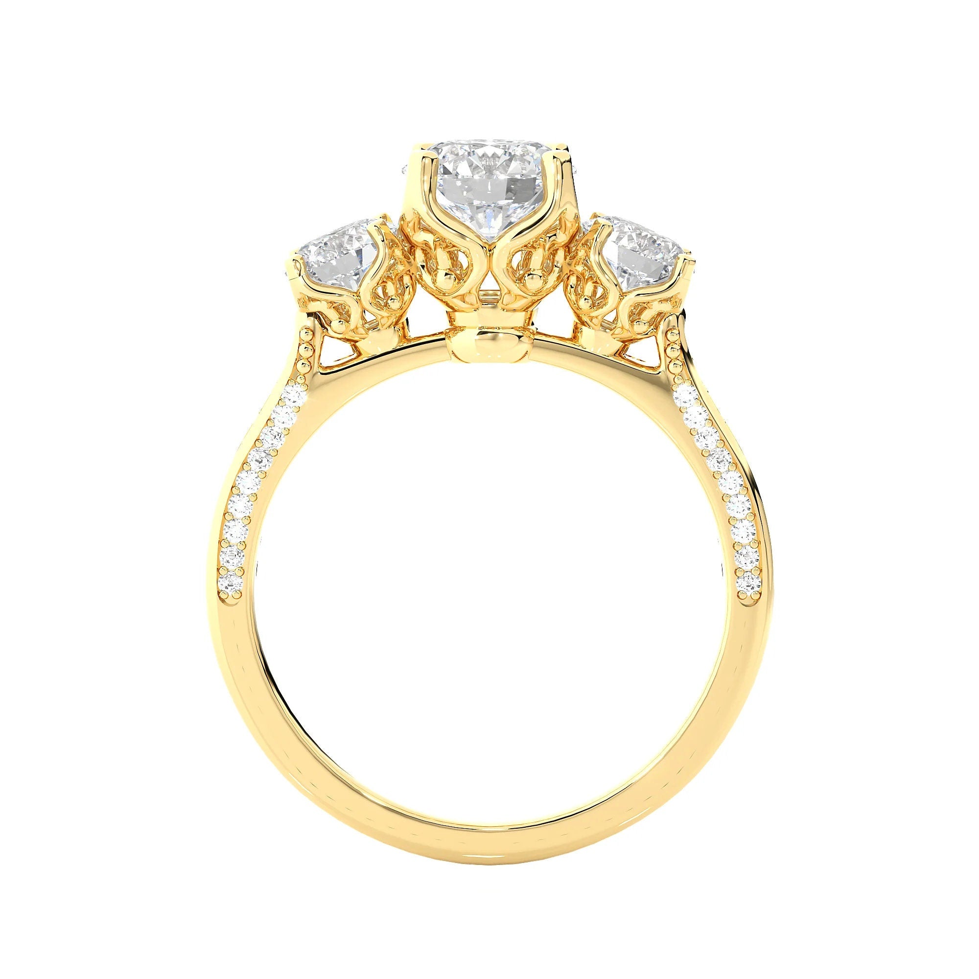 Unique Round Three Stone Wedding Ring / IGI Certified EF VS/SI Lab Grown Diamond Engagement Ring / 14K Real Gold Anniversary Gift Ring