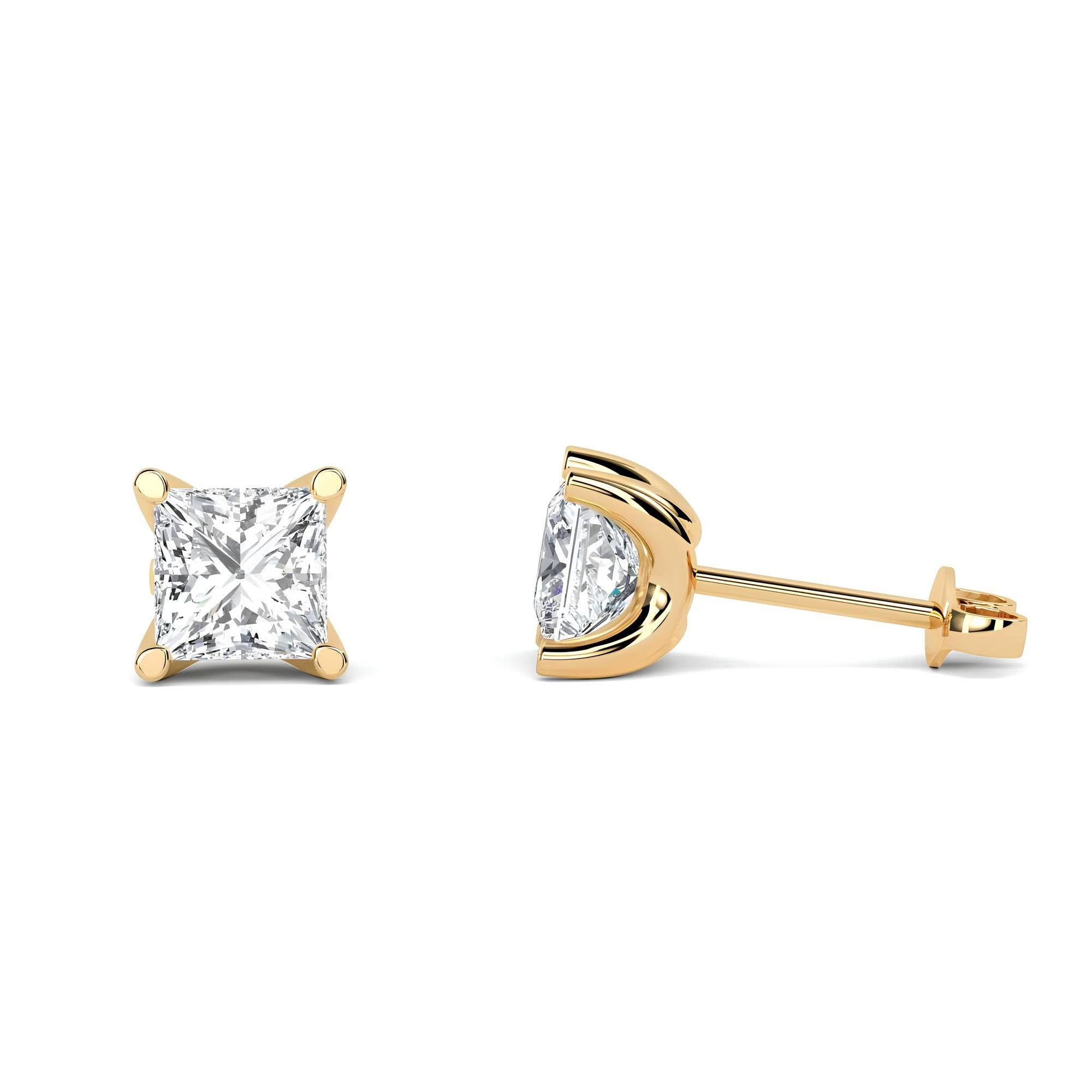 14K Solid Gold Princess Cut Lab-Grown Diamond Stud Earrings EF VS/SI Quality Push Back Earrings for Women