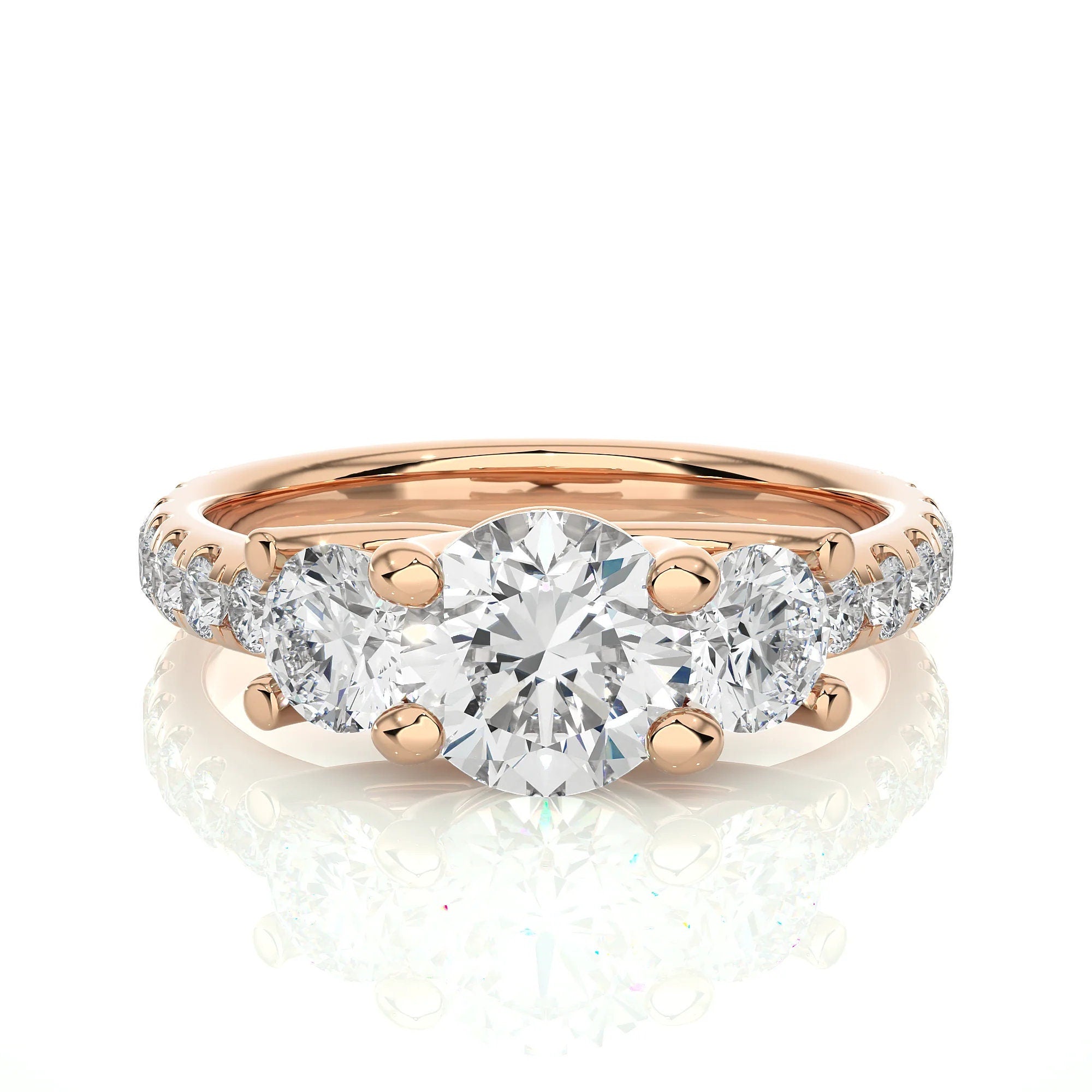 Round Three-Stone Trellis Engagement Ring IGI Certified EF VS/SI Lab-Grown Diamonds in 14K Real Gold