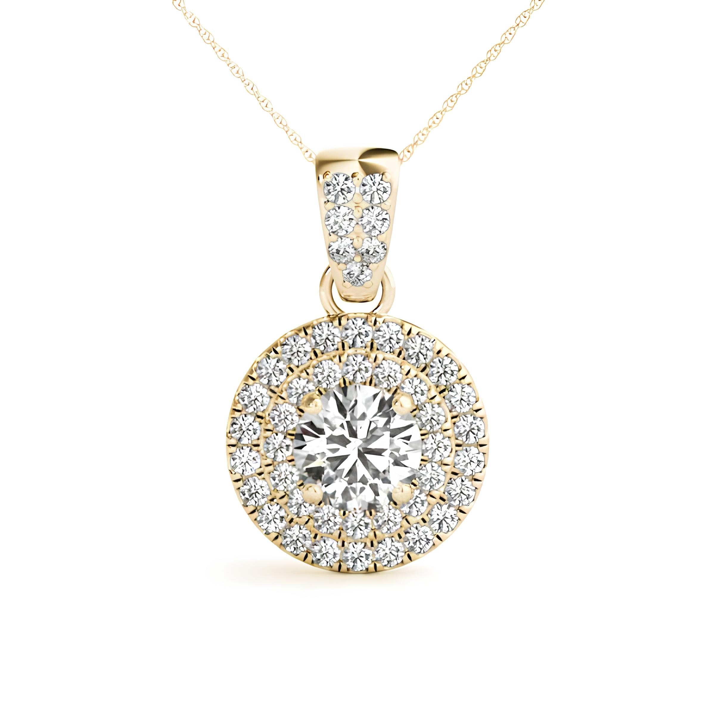 0.83 CT EF VS/SI Lab Grown Round Diamond Double Halo Pendant Necklace IGI Certified Diamond 14K Gold Chain