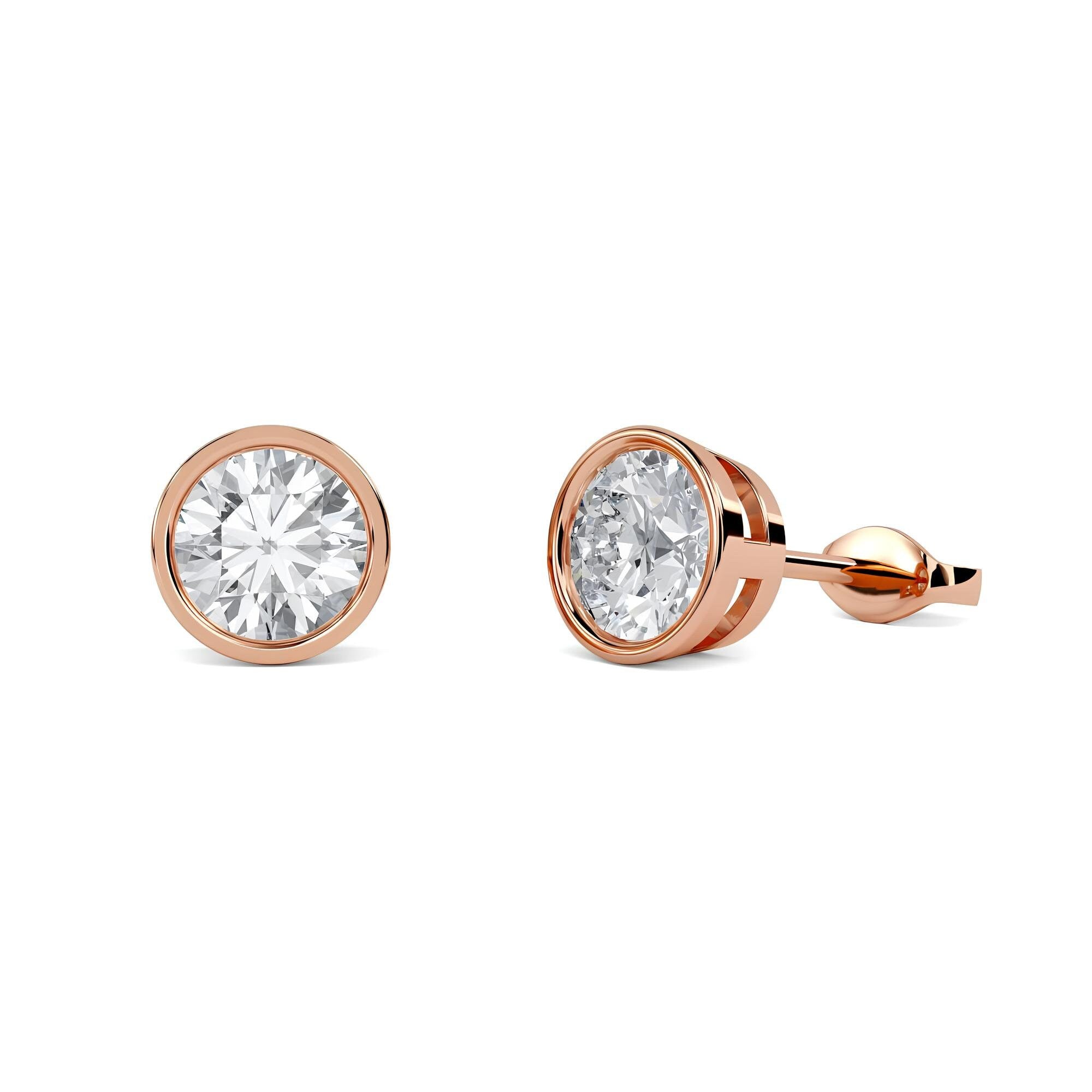 0.25–4.00 Ct Round Cut EF VS/SI Lab-Grown Diamond Stud Earrings 14K Gold Bezel Set Wedding Earrings