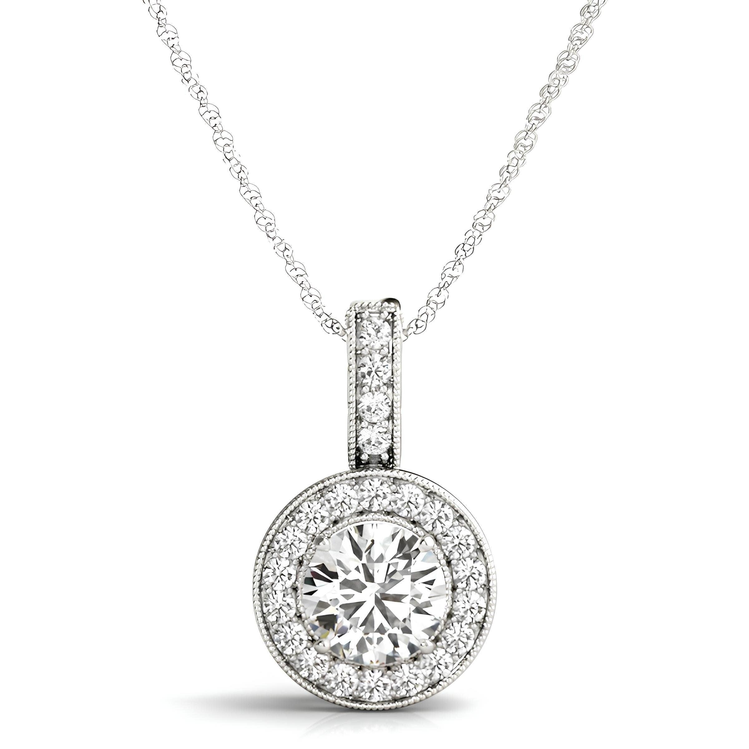 Halo Pendant Necklace with 1.00 Carat EF VS/SI Lab Grown Round Diamond IGI Certified Diamond 14K Gold Chain