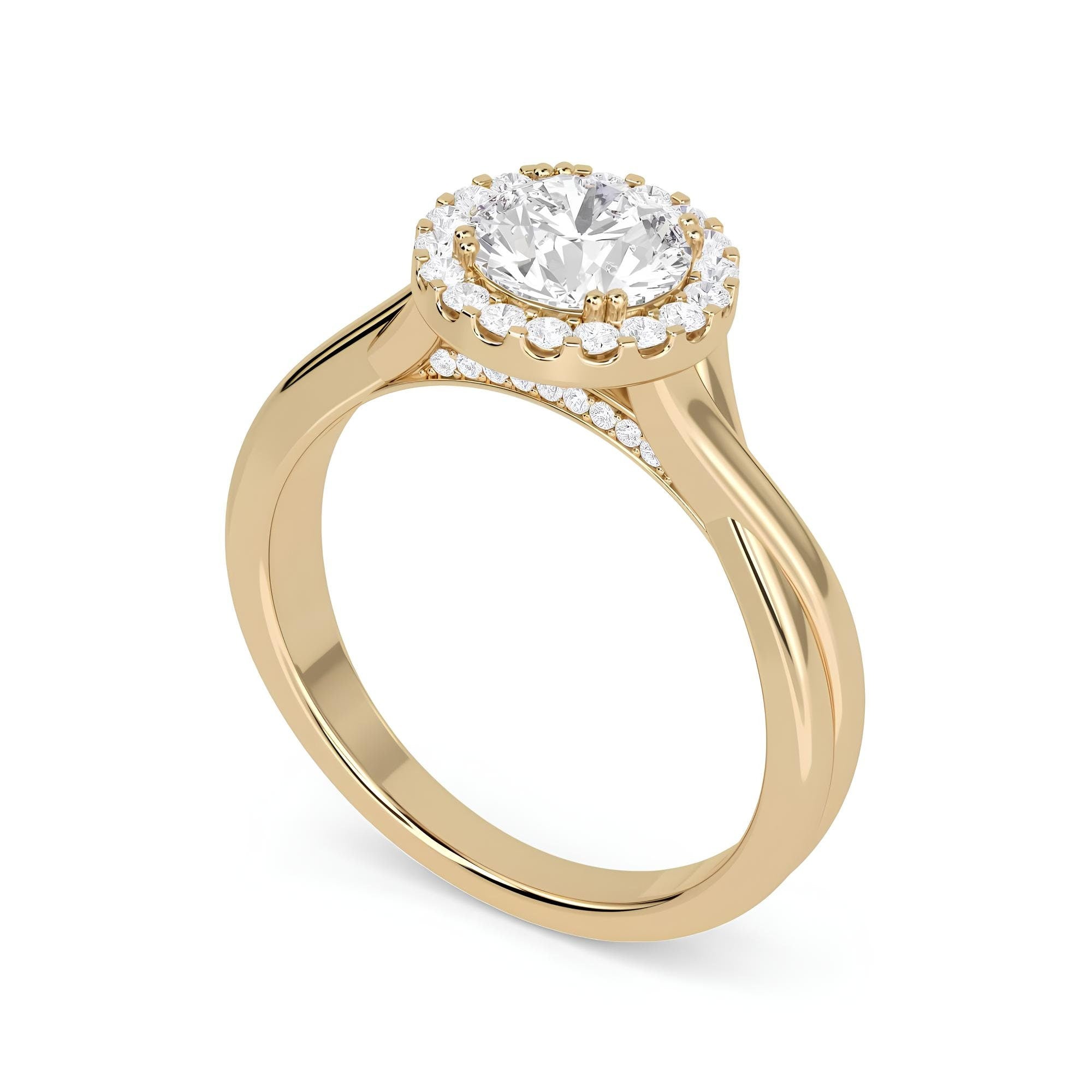 Sparkling Elegance: IGI Certified 1.00 CTW Round EF VS/SI Lab-Grown Diamond Twisted Halo Engagement Ring in 14K Solid Gold