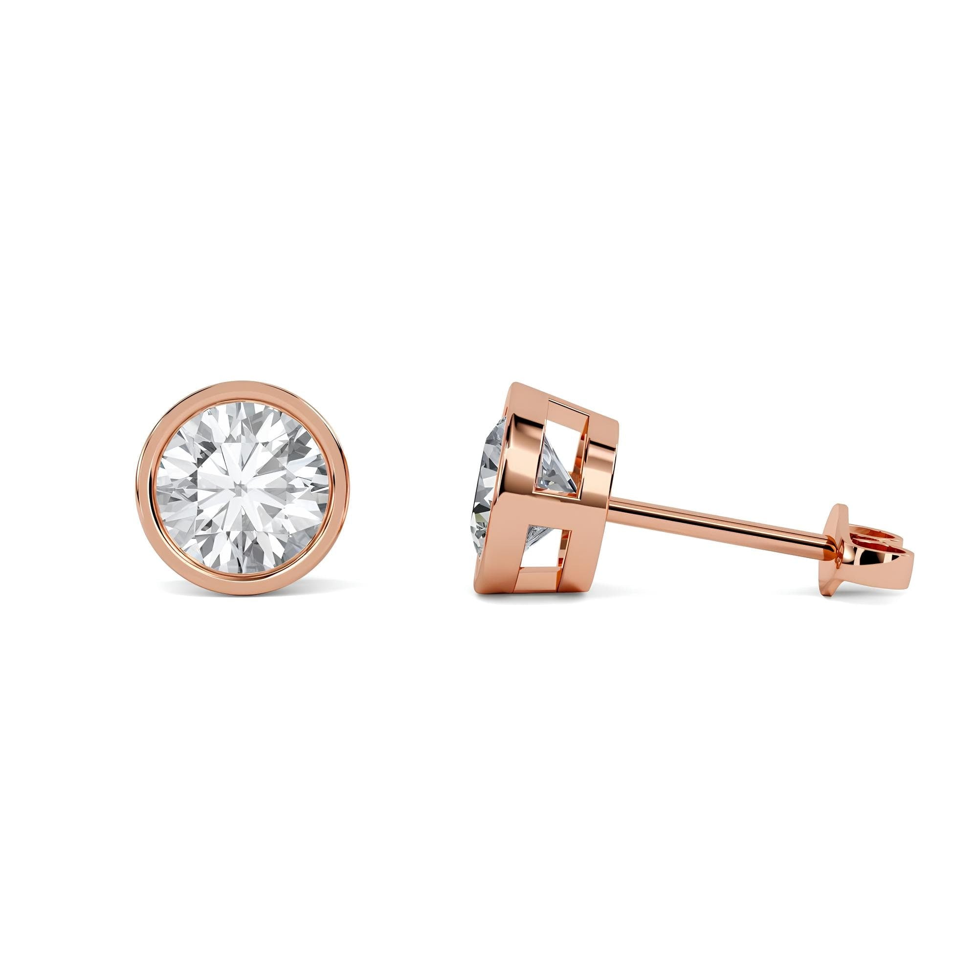 0.25–4.00 Ct Round Cut EF VS/SI Lab-Grown Diamond Stud Earrings 14K Gold Bezel Set Wedding Earrings