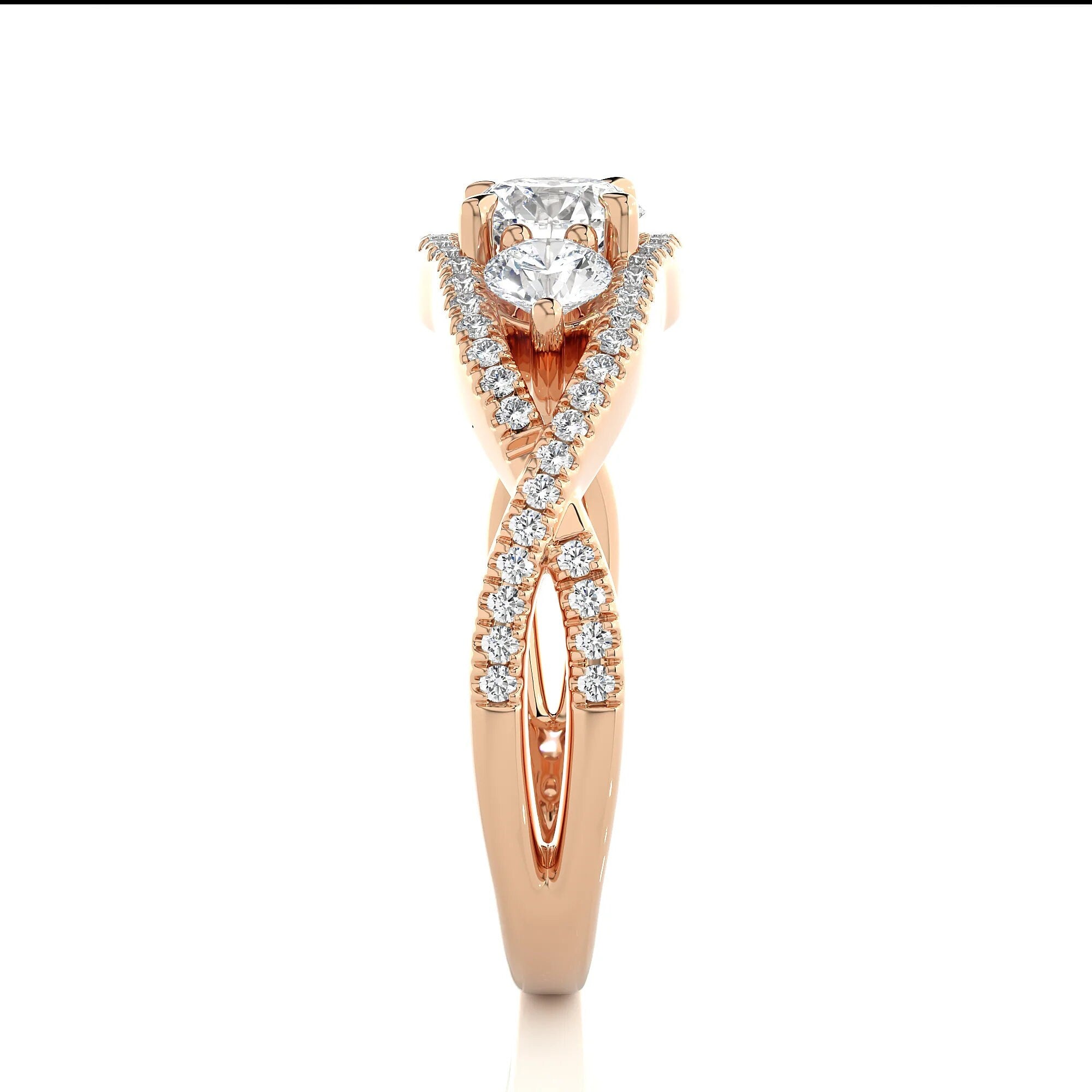 Round Three Stone Wedding Ring – IGI Certified EF VS/SI Lab Grown Diamond Twisted Engagement Ring in 14K Real Gold – Perfect Anniversary Gift