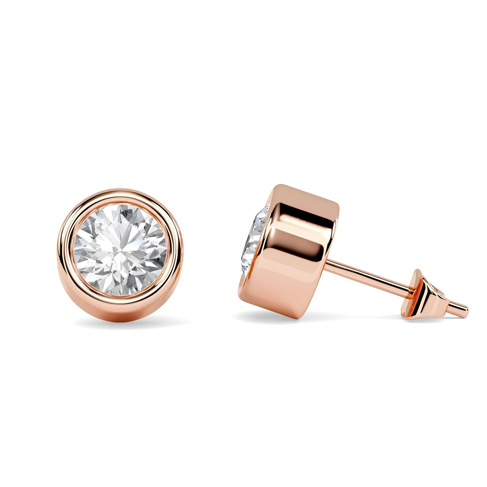 Round Cut EF VS/SI Lab-Grown Diamond Stud Earrings Modern Bezel Set Wedding Earrings in 14K Gold