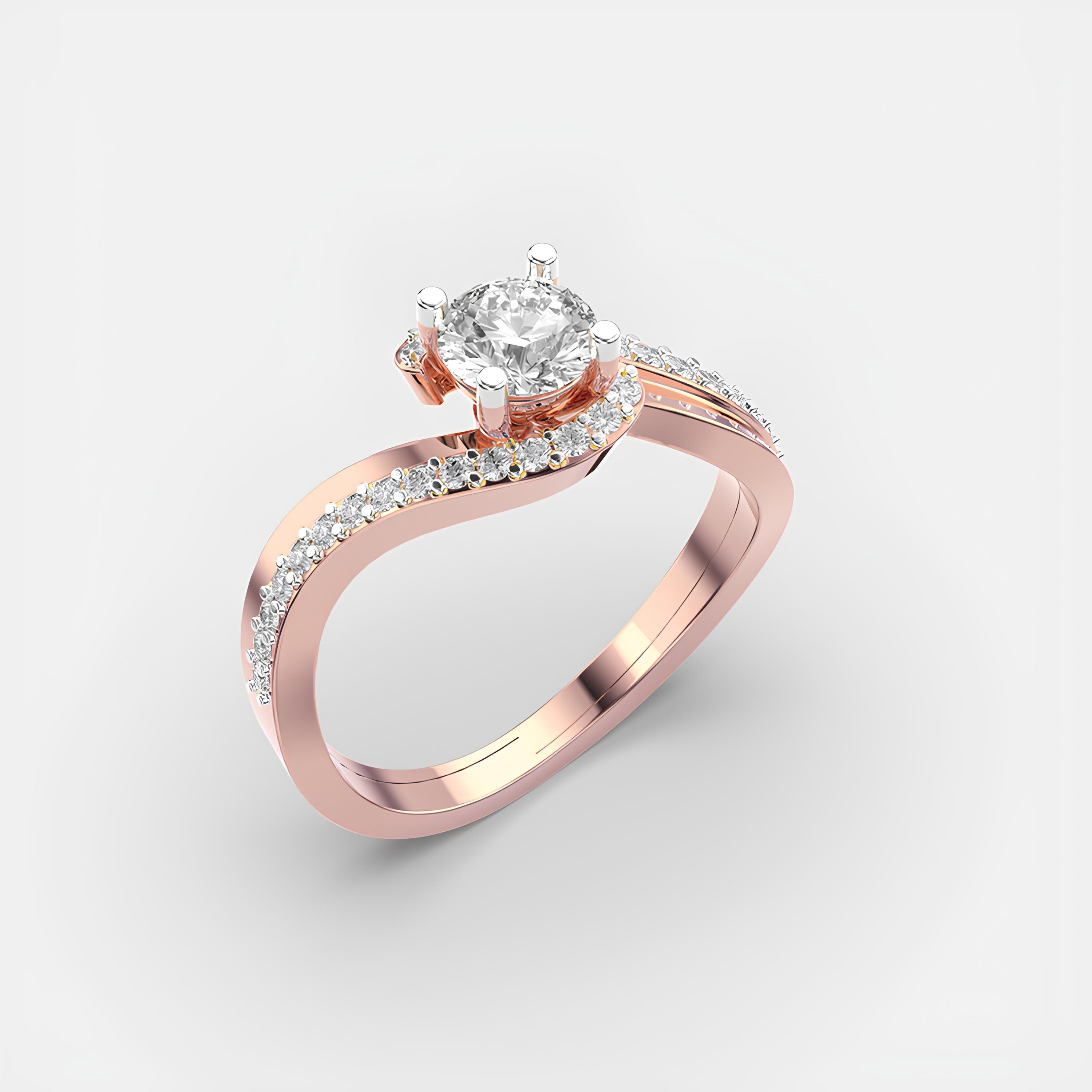 14K Solid Gold Twisted Band Ring Round Cut EF VS/SI Lab-Grown Diamond Engagement & Anniversary Ring for Women