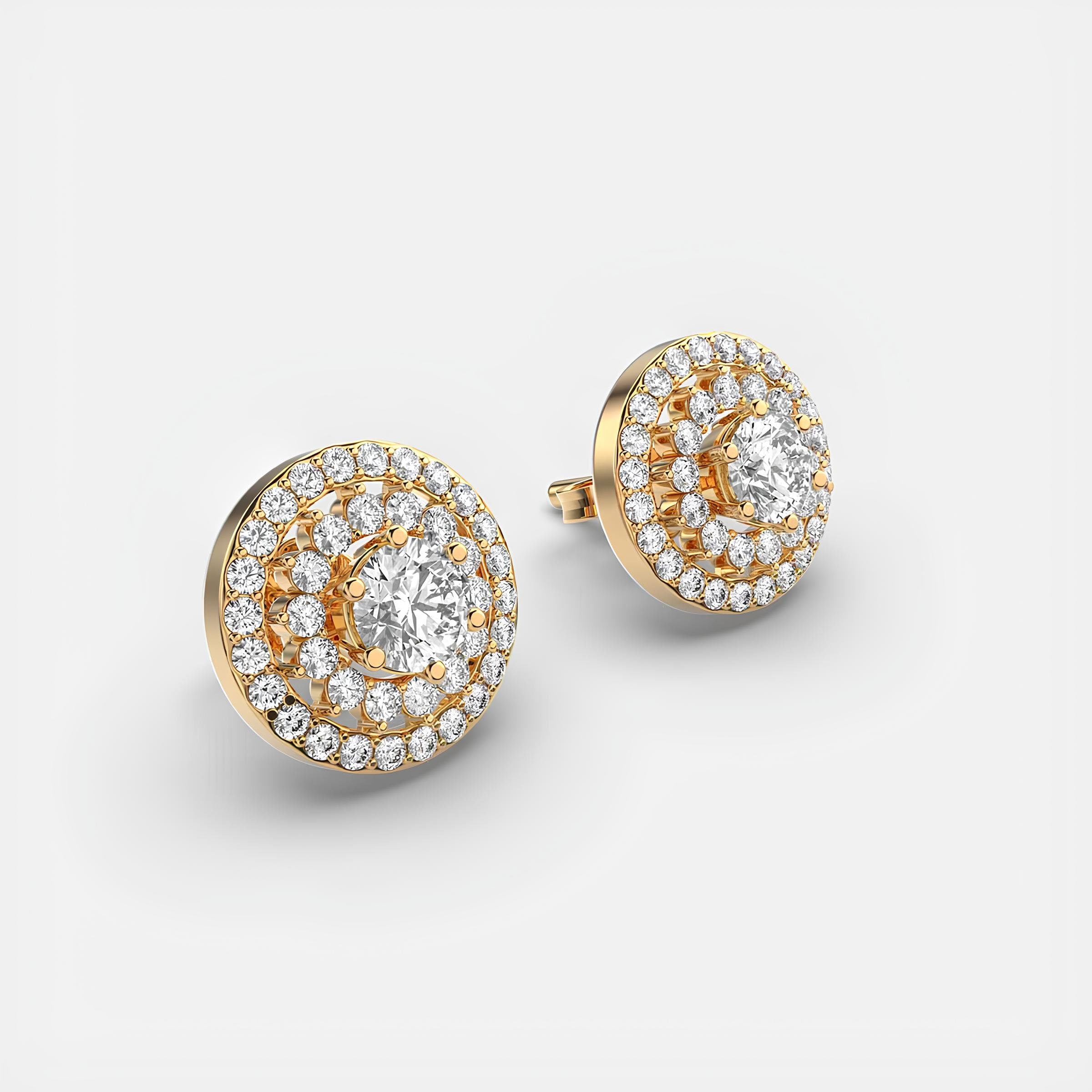 14K Solid Gold Round EF VS/SI Lab Grown Diamond Double Halo Stud Earrings