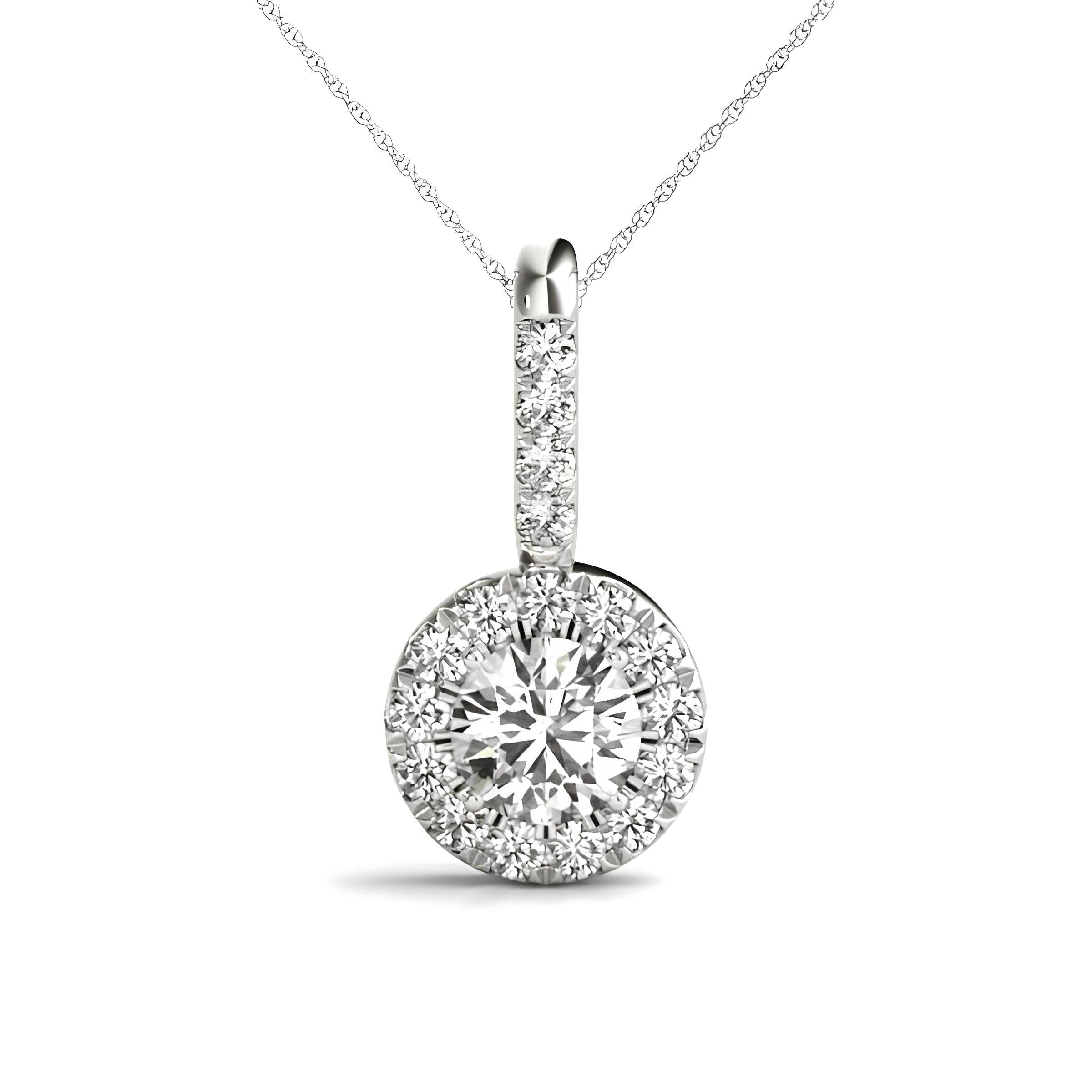 1.00 Carat EF VS/SI Lab Grown Round Diamond Halo Pendant Necklace IGI Certified Diamond in 14K Gold