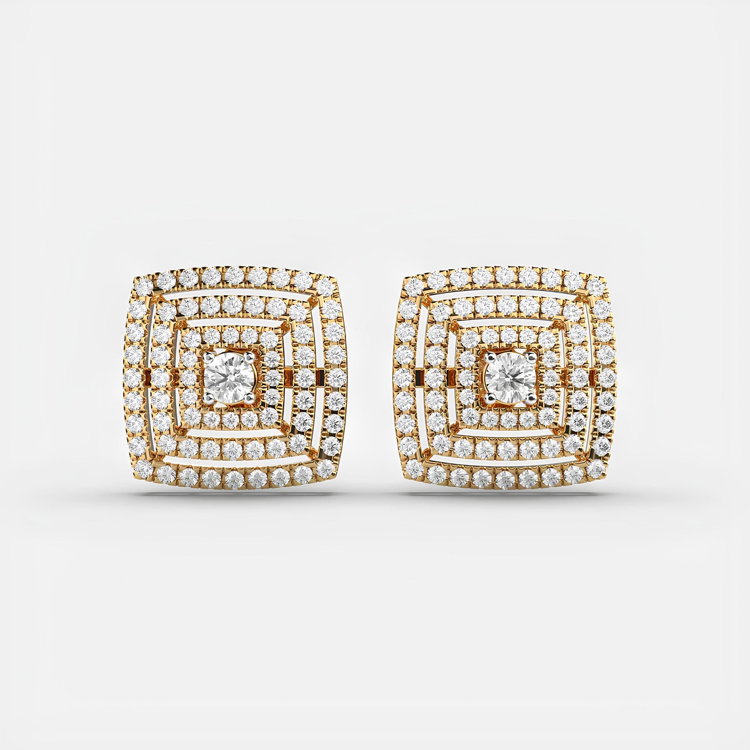 14k Solid Gold Round EF VS/SI Lab Grown Maze Diamond Delicate Halo Stud Earrings