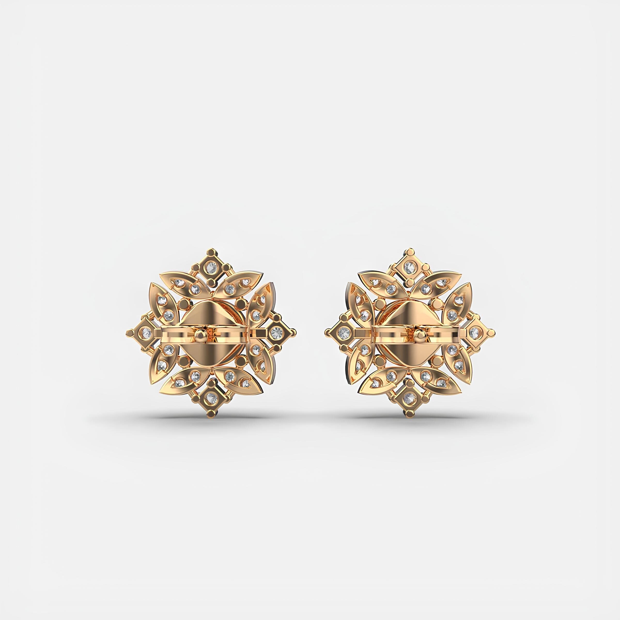 14K Solid Gold Floral Fantasy Cluster Stud Earrings EF VS/SI Round Lab-Grown Diamonds Minimalist Diamond Earrings