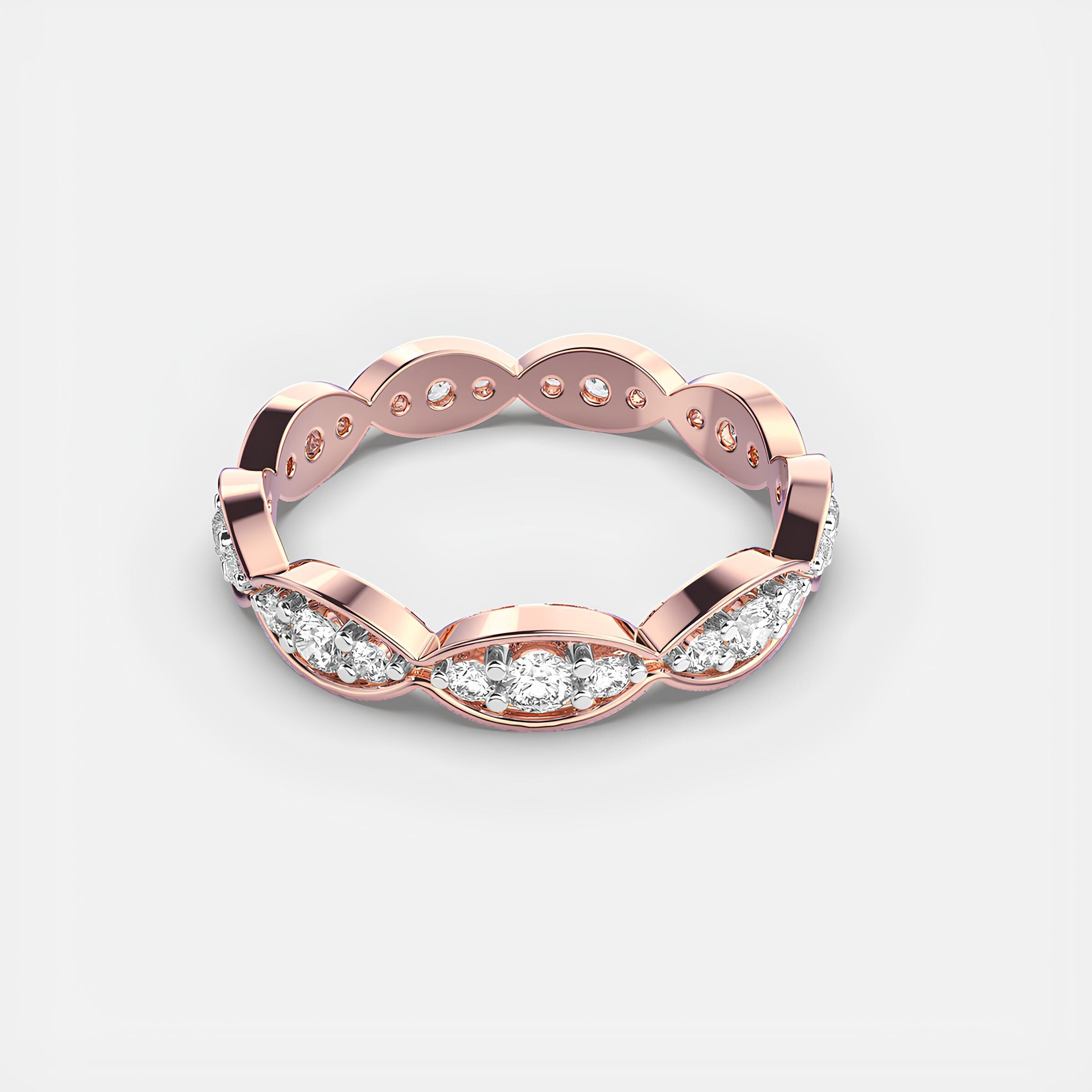 Wave Round EF VS/SI Lab Grown Diamond Full Eternity Wedding Band 14K Solid Gold