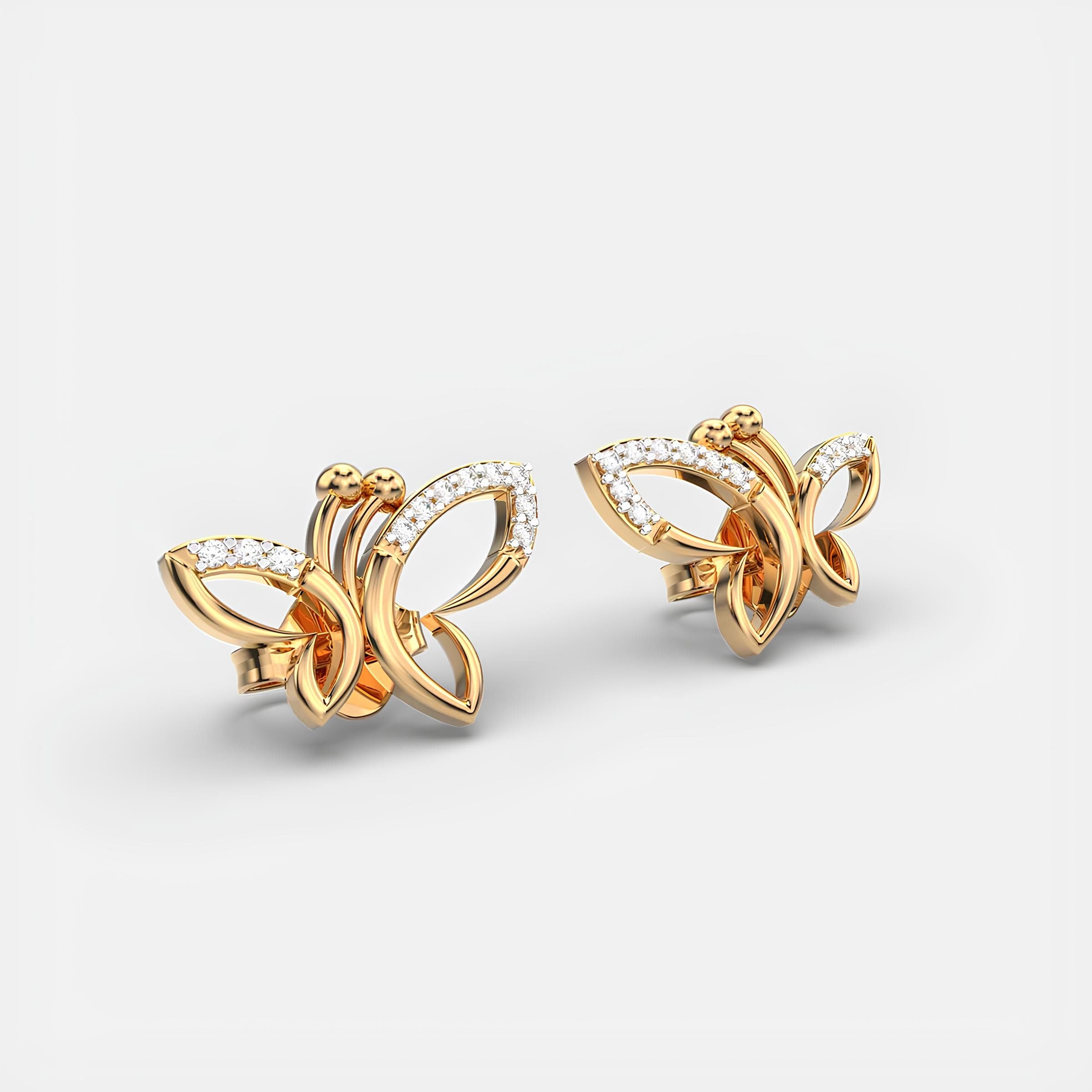 14K Solid Gold Stud Earrings EF VS/SI Lab-Grown Diamond Dancing Butterflies Design Minimalist Diamond Earrings, Perfect Christmas Gift